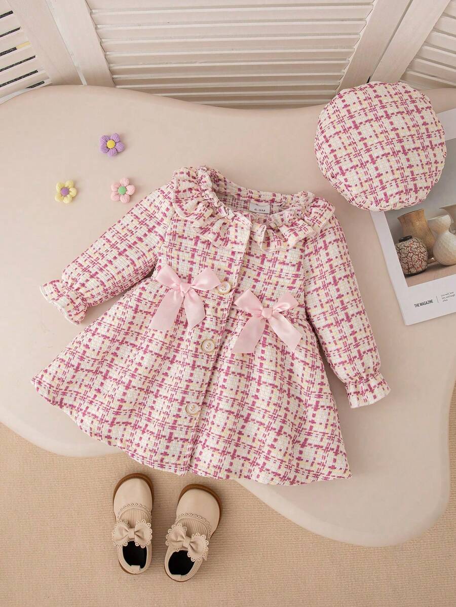 Buy SHEIN Baby Girl Cute Pink Plaid Lace Collar & Bowknot Dress With Beret Cap Outfit in Pakistan