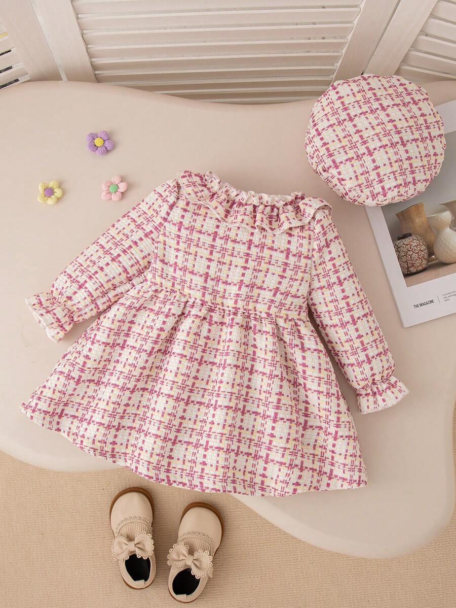 Buy SHEIN Baby Girl Cute Pink Plaid Lace Collar & Bowknot Dress With Beret Cap Outfit in Pakistan