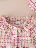 Buy SHEIN Baby Girl Cute Pink Plaid Lace Collar & Bowknot Dress With Beret Cap Outfit in Pakistan