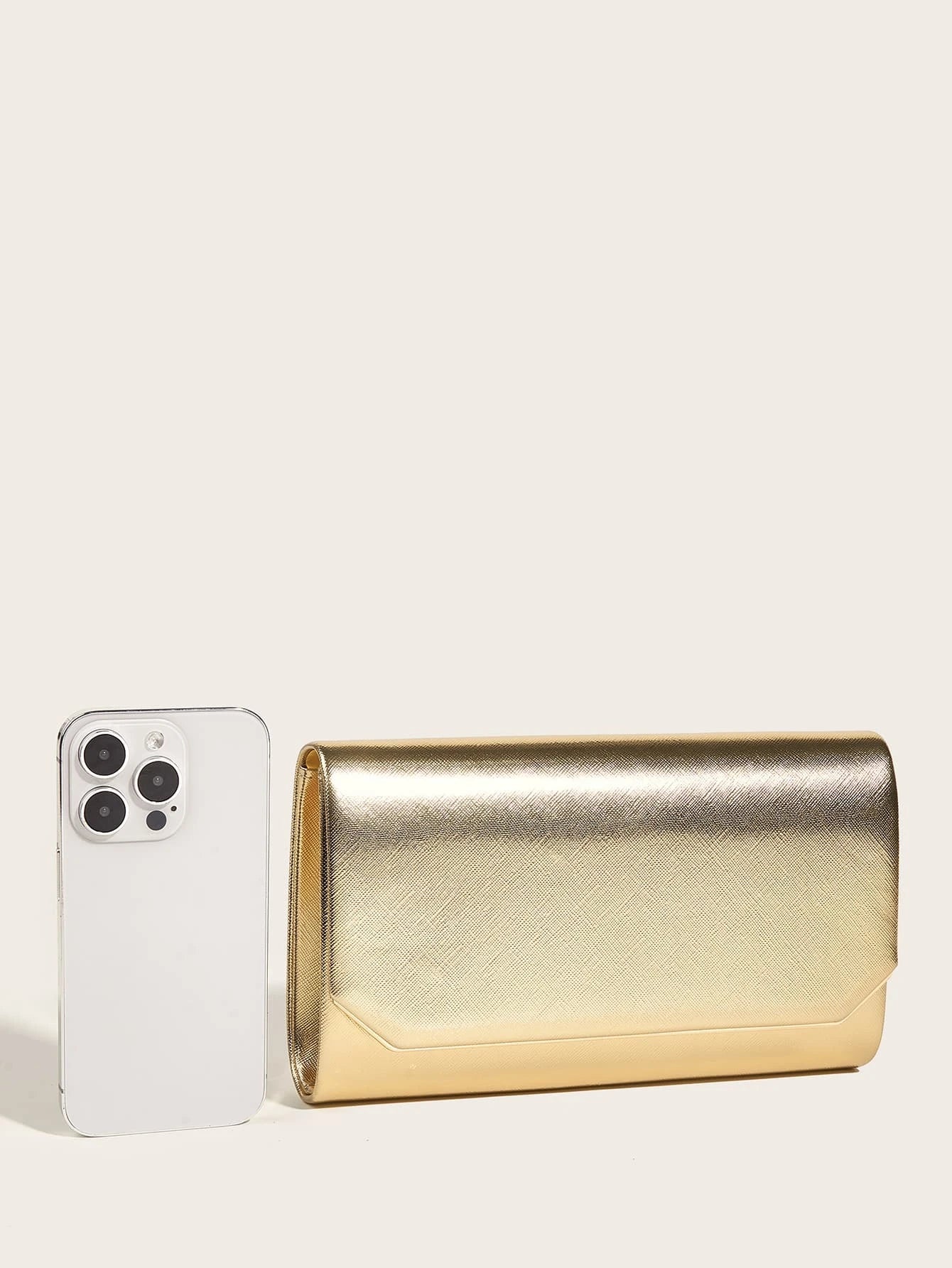 Buy SHEIN Fashionable Metal Gold Color Pu Leather Envelope Clutch Bag With Fine Cross Textured Design For Women, Come With Chain in Pakistan