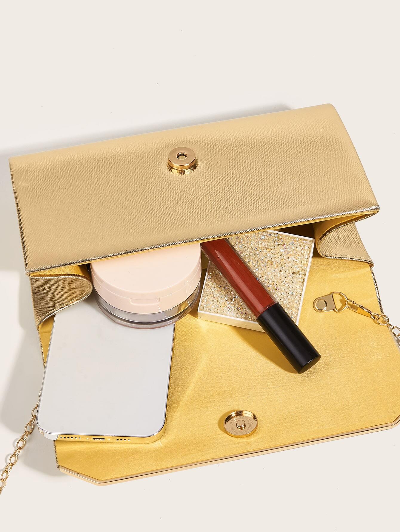 Buy SHEIN Fashionable Metal Gold Color Pu Leather Envelope Clutch Bag With Fine Cross Textured Design For Women, Come With Chain in Pakistan