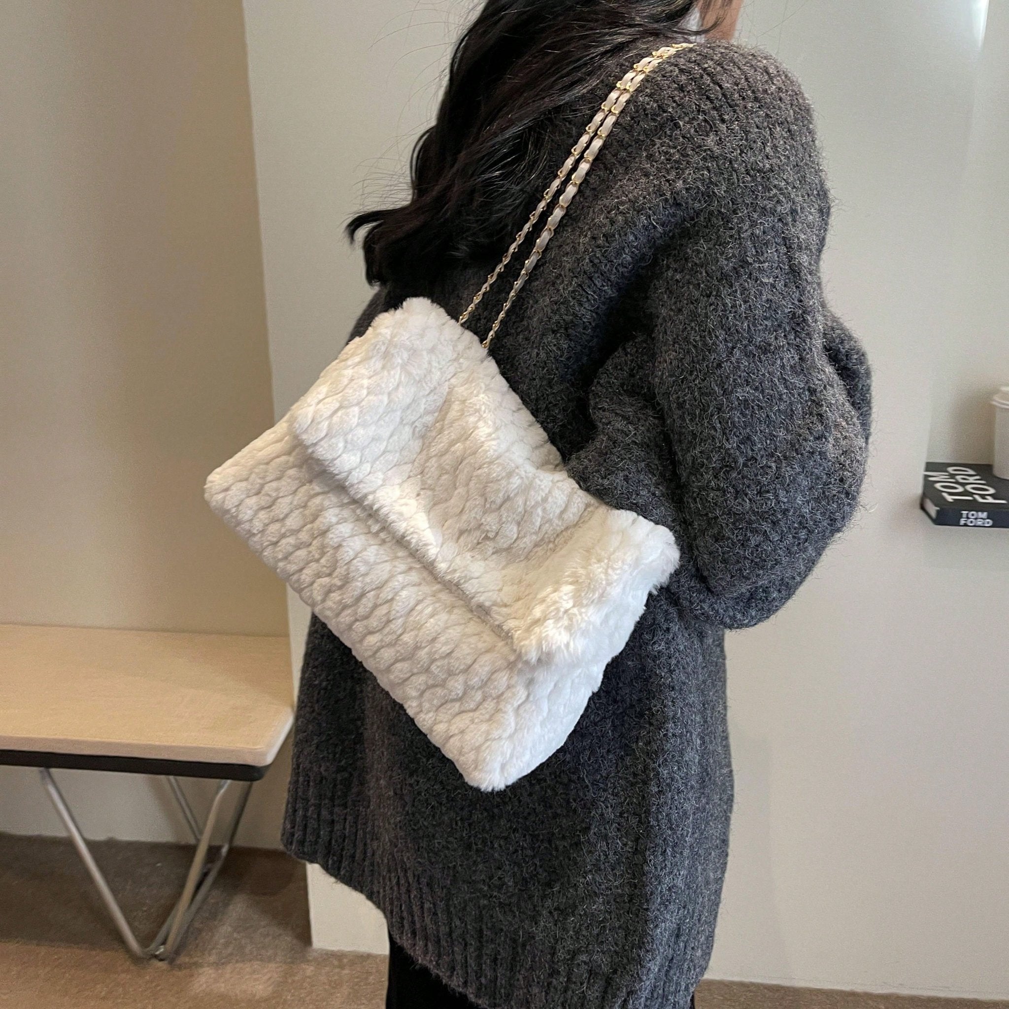 Buy SHEIN Fashionable Solid Color Furry Metal Chain Shoulder Bag in Pakistan