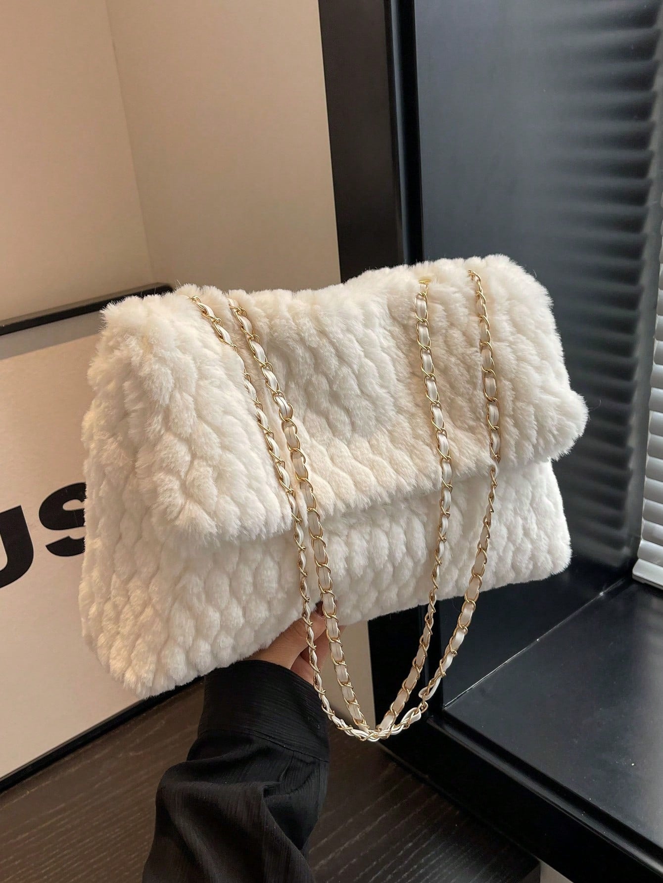 Buy SHEIN Fashionable Solid Color Furry Metal Chain Shoulder Bag in Pakistan
