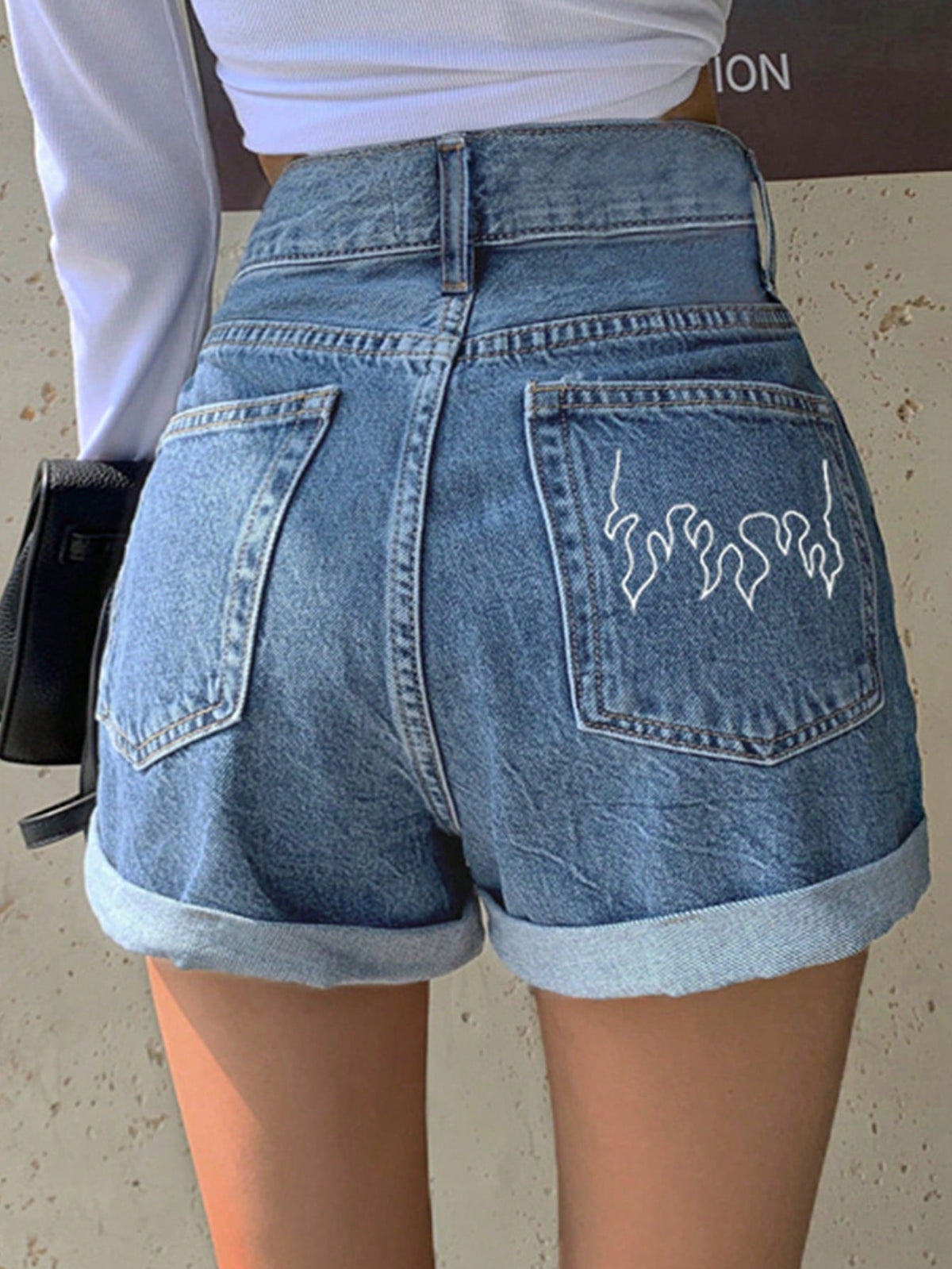 Buy SHEIN Fire Embroidery Roll Up Hem Denim Shorts in Pakistan
