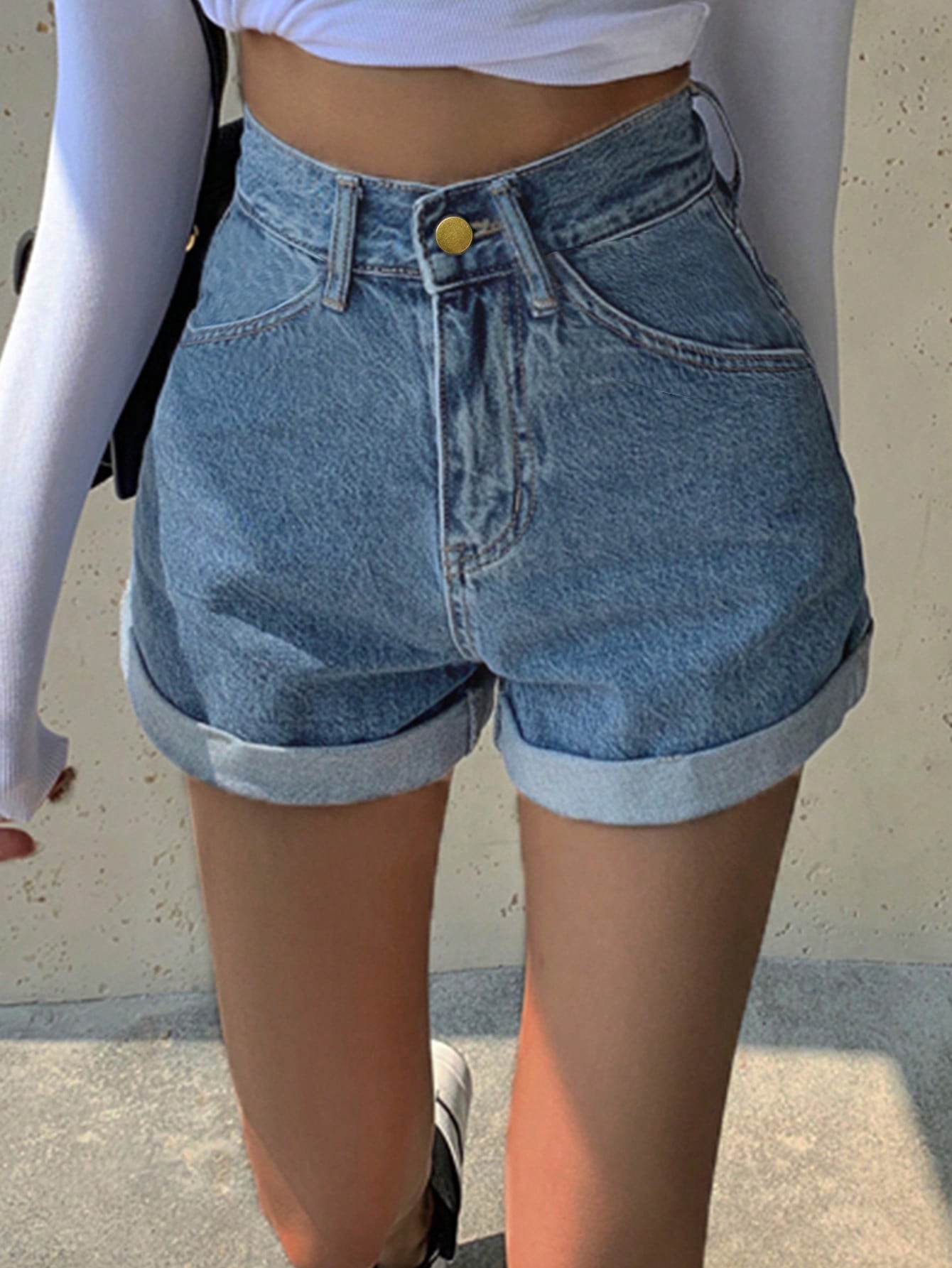 Buy SHEIN Fire Embroidery Roll Up Hem Denim Shorts in Pakistan