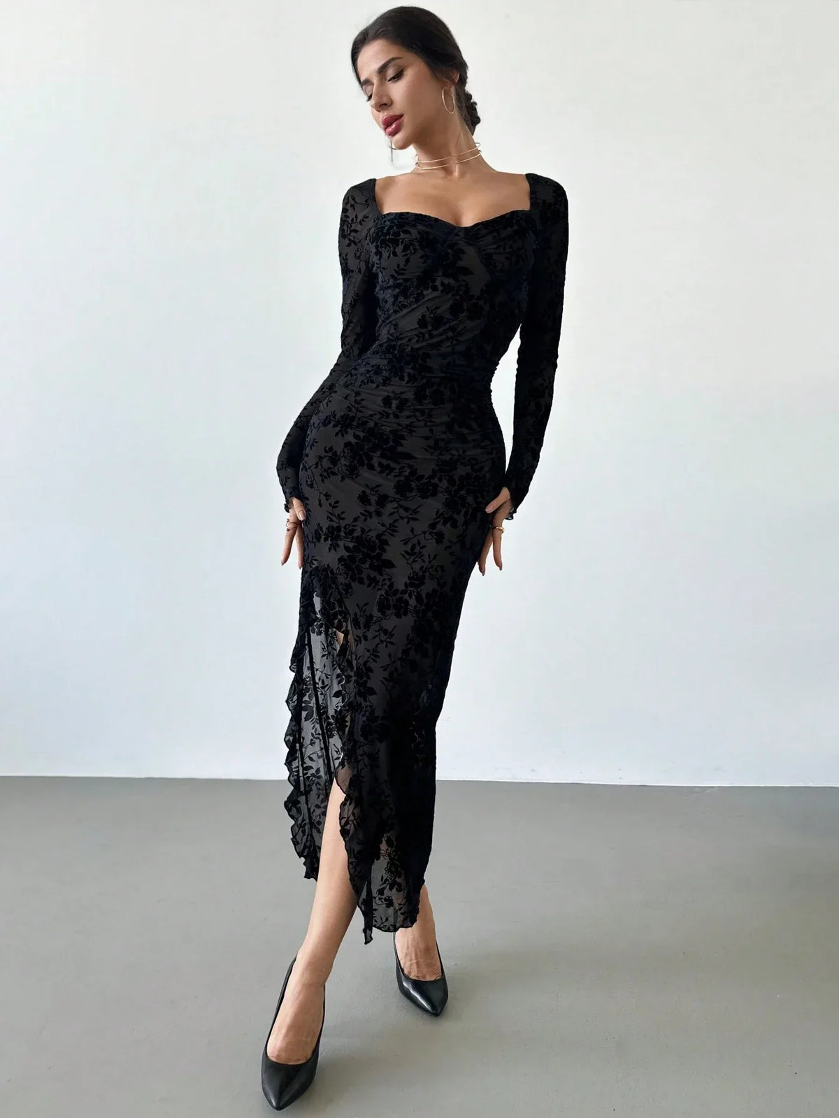 Buy SHEIN Firerie New Autumn/Winter Elegant Floral Flocked Square Neck Ruched & Slit Ruffle Hem Slimming Dress in Pakistan