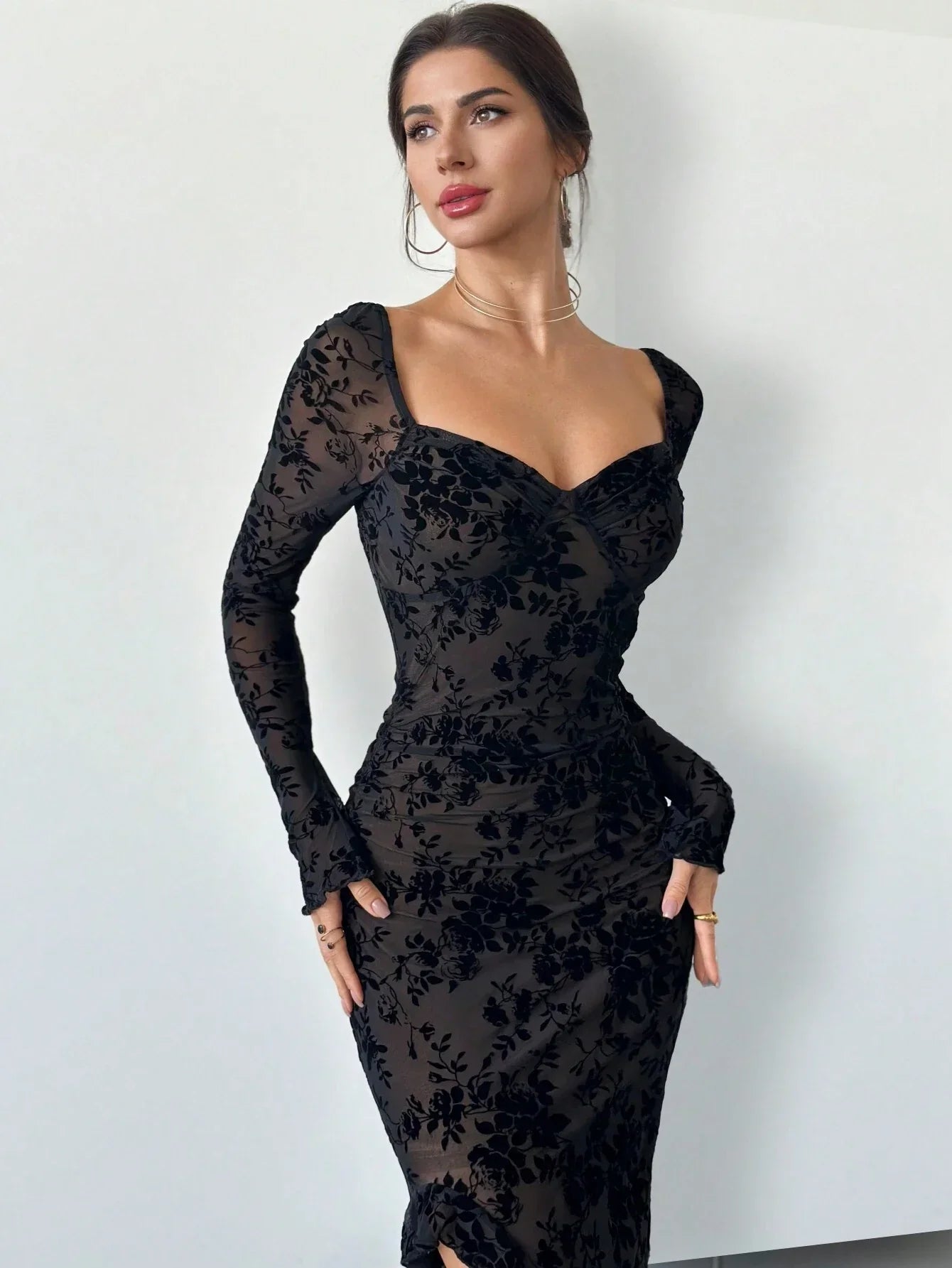 Buy SHEIN Firerie New Autumn/Winter Elegant Floral Flocked Square Neck Ruched & Slit Ruffle Hem Slimming Dress in Pakistan