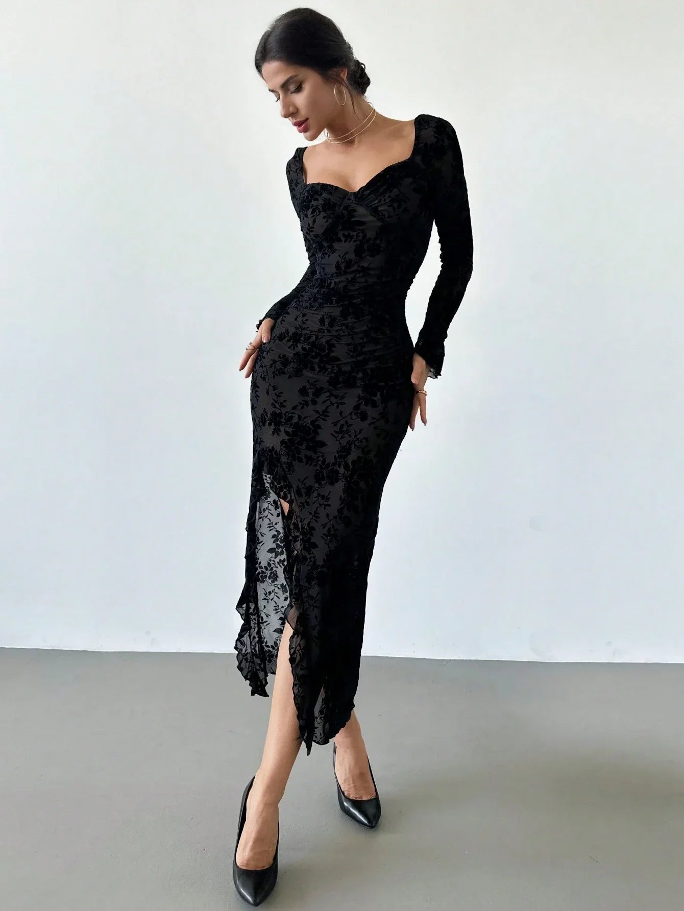 Buy SHEIN Firerie New Autumn/Winter Elegant Floral Flocked Square Neck Ruched & Slit Ruffle Hem Slimming Dress in Pakistan