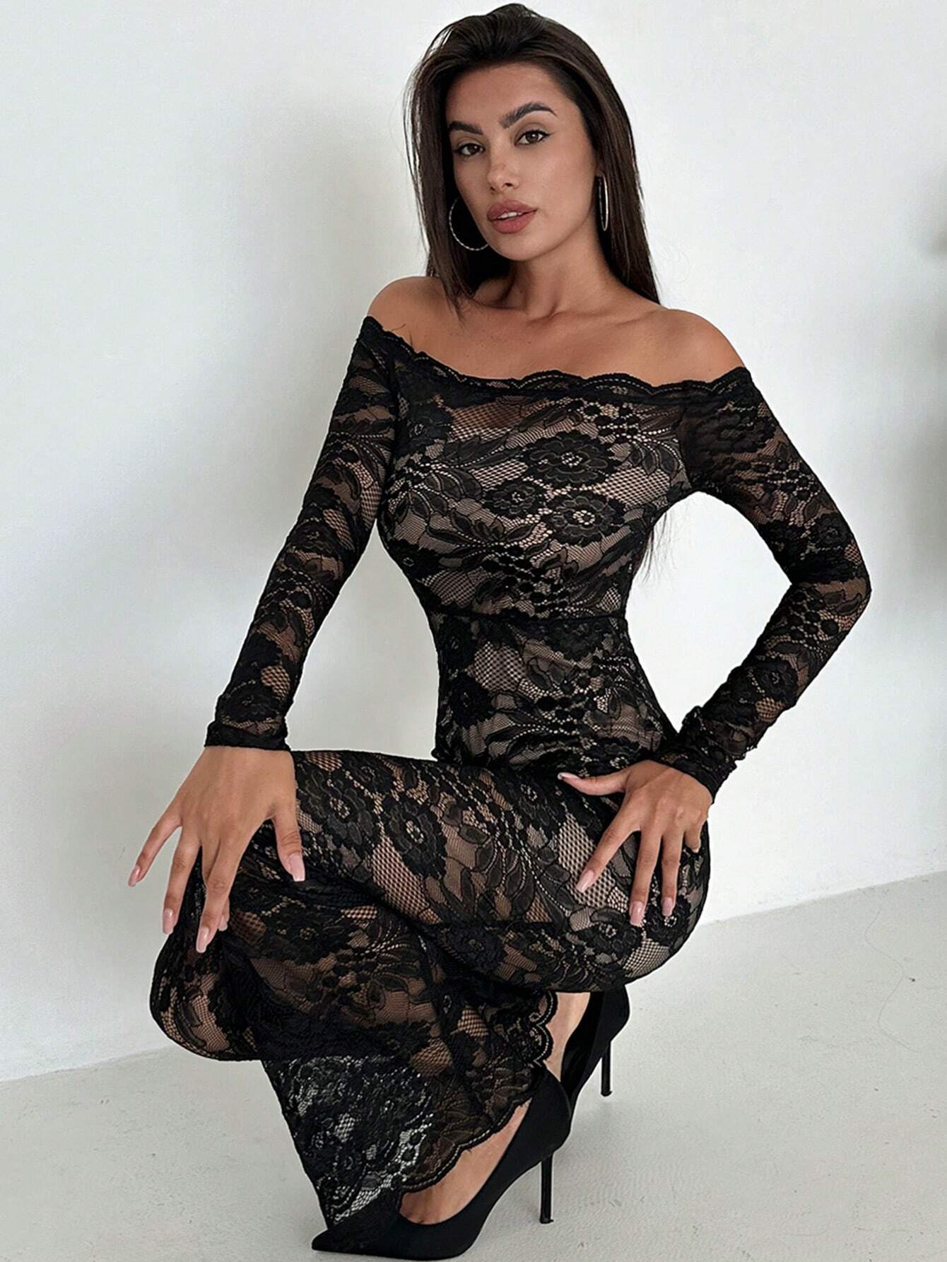 Buy SHEIN Firerie Women's Elegant Sexy Black Off-Shoulder Lace Dress in Pakistan