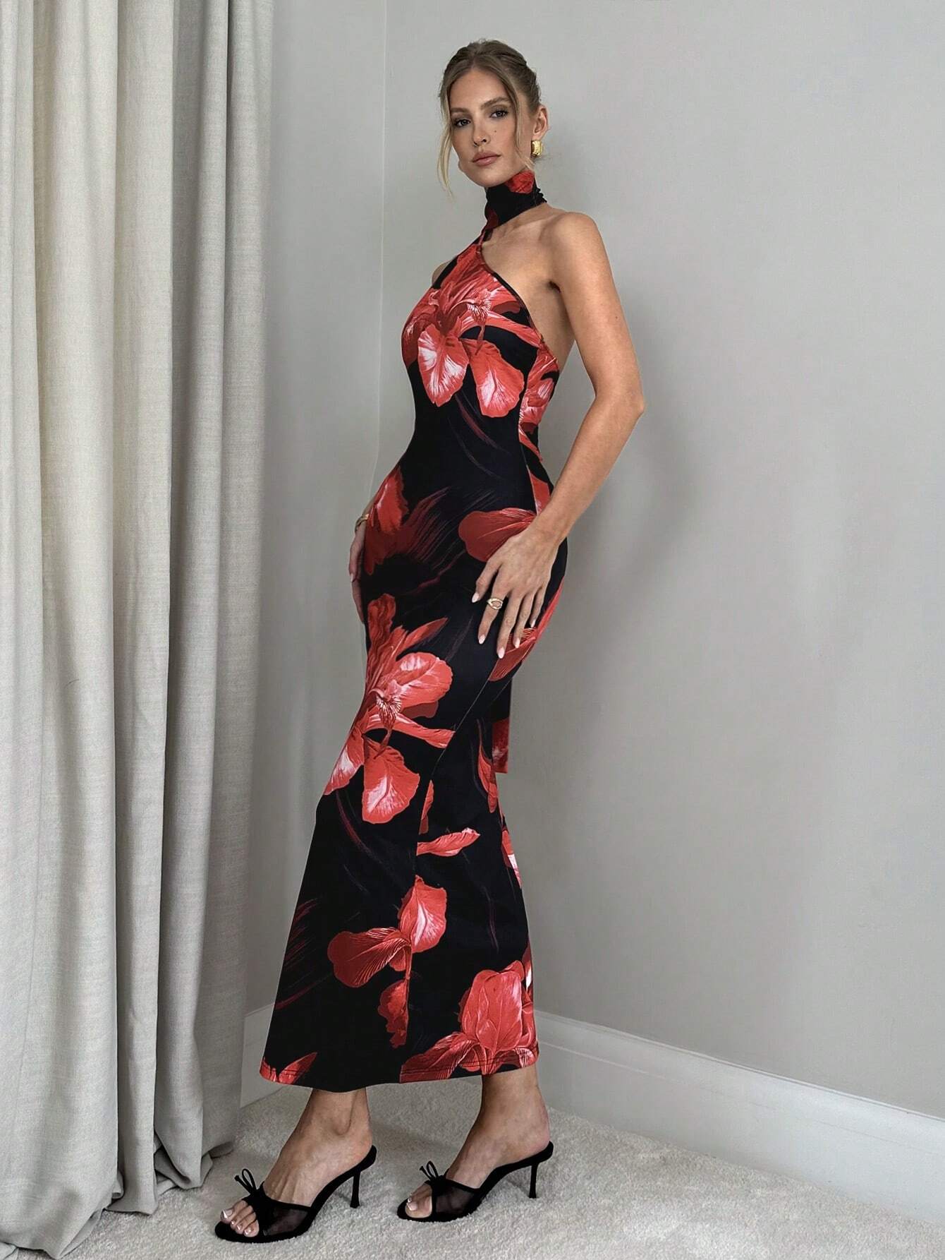 Buy SHEIN Firerie Women's Romantic Elegant Holiday Floral Print Halter Backless Bodycon Dress in Pakistan