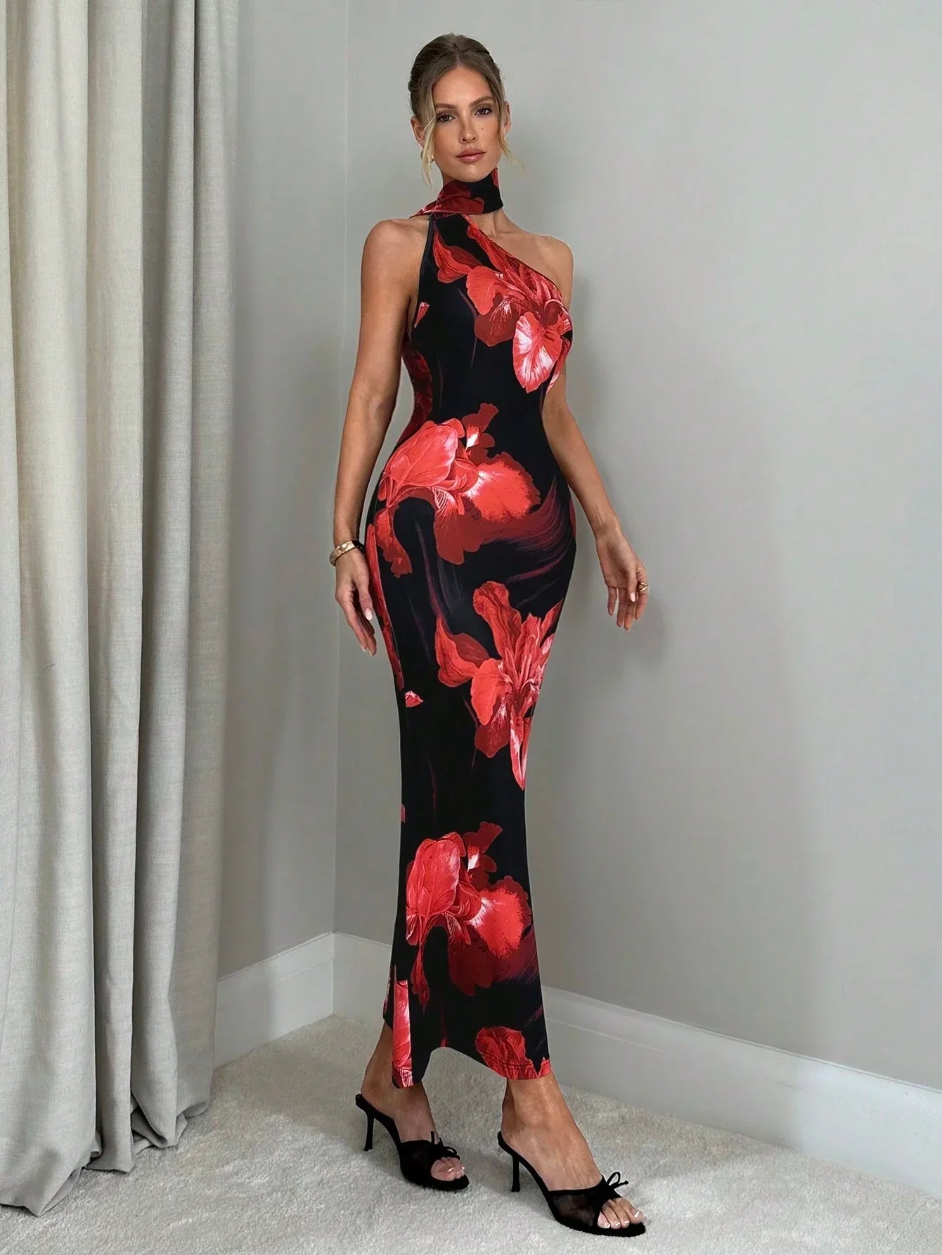 Buy SHEIN Firerie Women's Romantic Elegant Holiday Floral Print Halter Backless Bodycon Dress in Pakistan