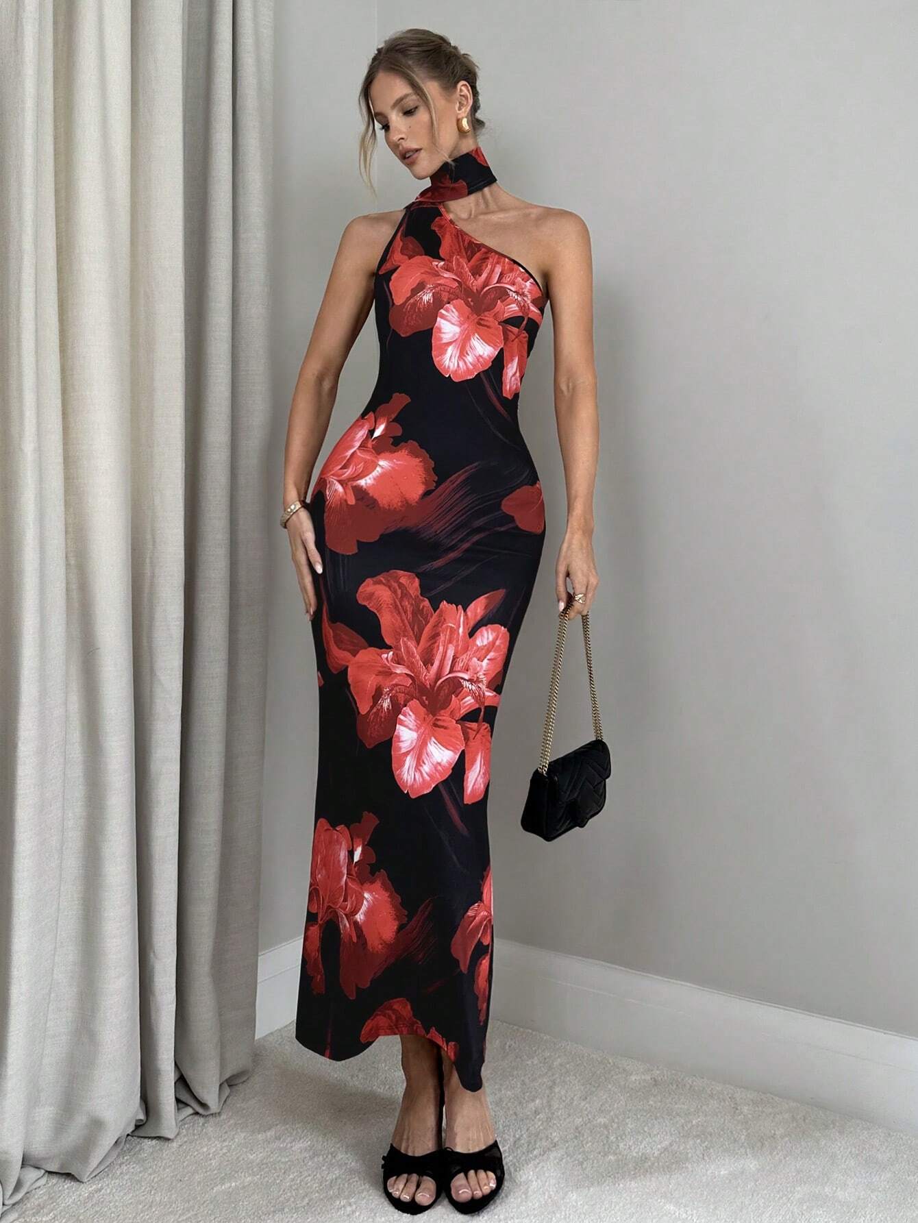 Buy SHEIN Firerie Women's Romantic Elegant Holiday Floral Print Halter Backless Bodycon Dress in Pakistan