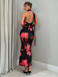 Buy SHEIN Firerie Women's Romantic Elegant Holiday Floral Print Halter Backless Bodycon Dress in Pakistan