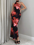 Buy SHEIN Firerie Women's Romantic Elegant Holiday Floral Print Halter Backless Bodycon Dress in Pakistan