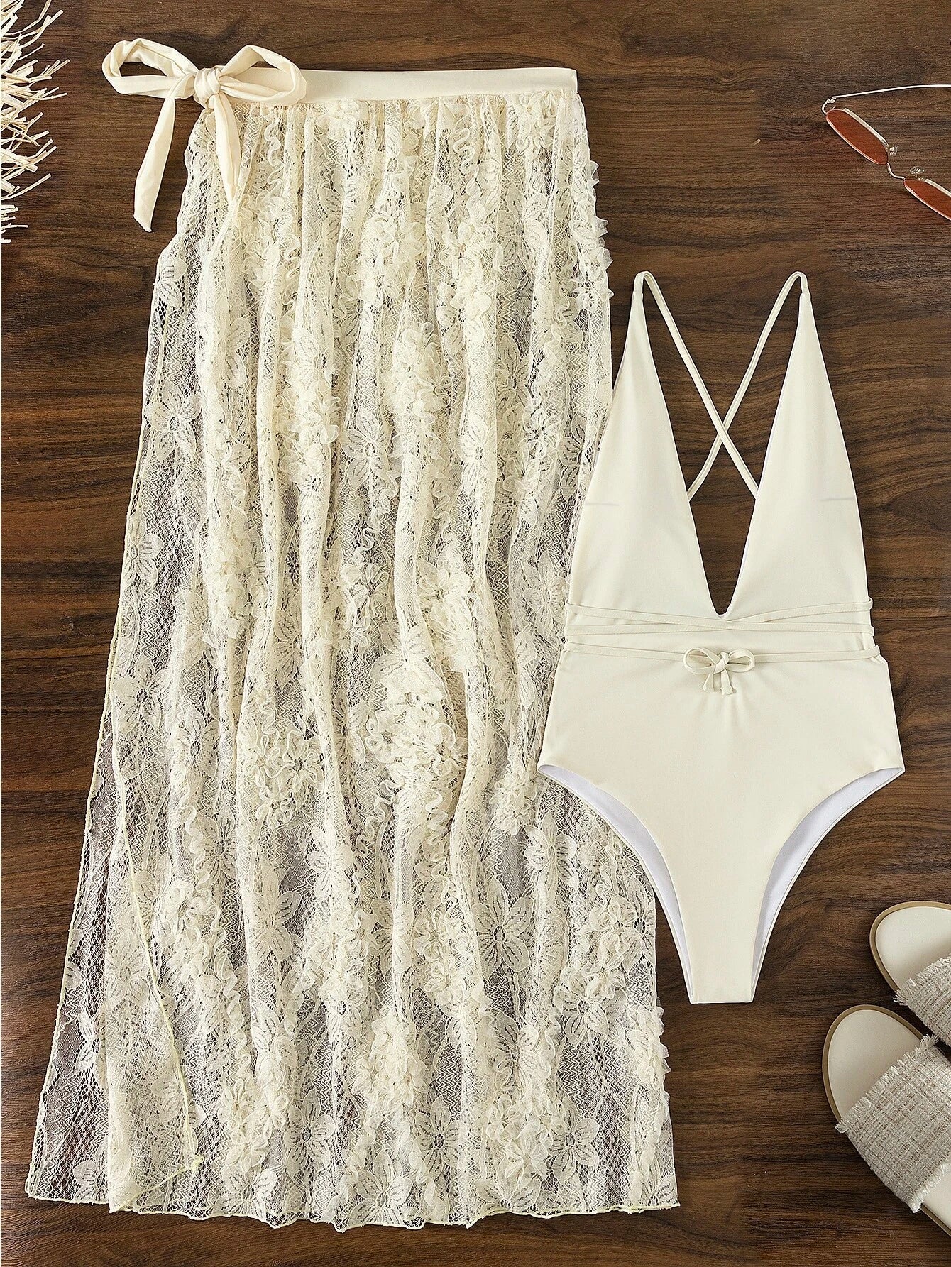 Buy SHEIN Swim Vcay Floral Criss Cross Lace Up One Piece Swimsuit With Beach Skirt in Pakistan