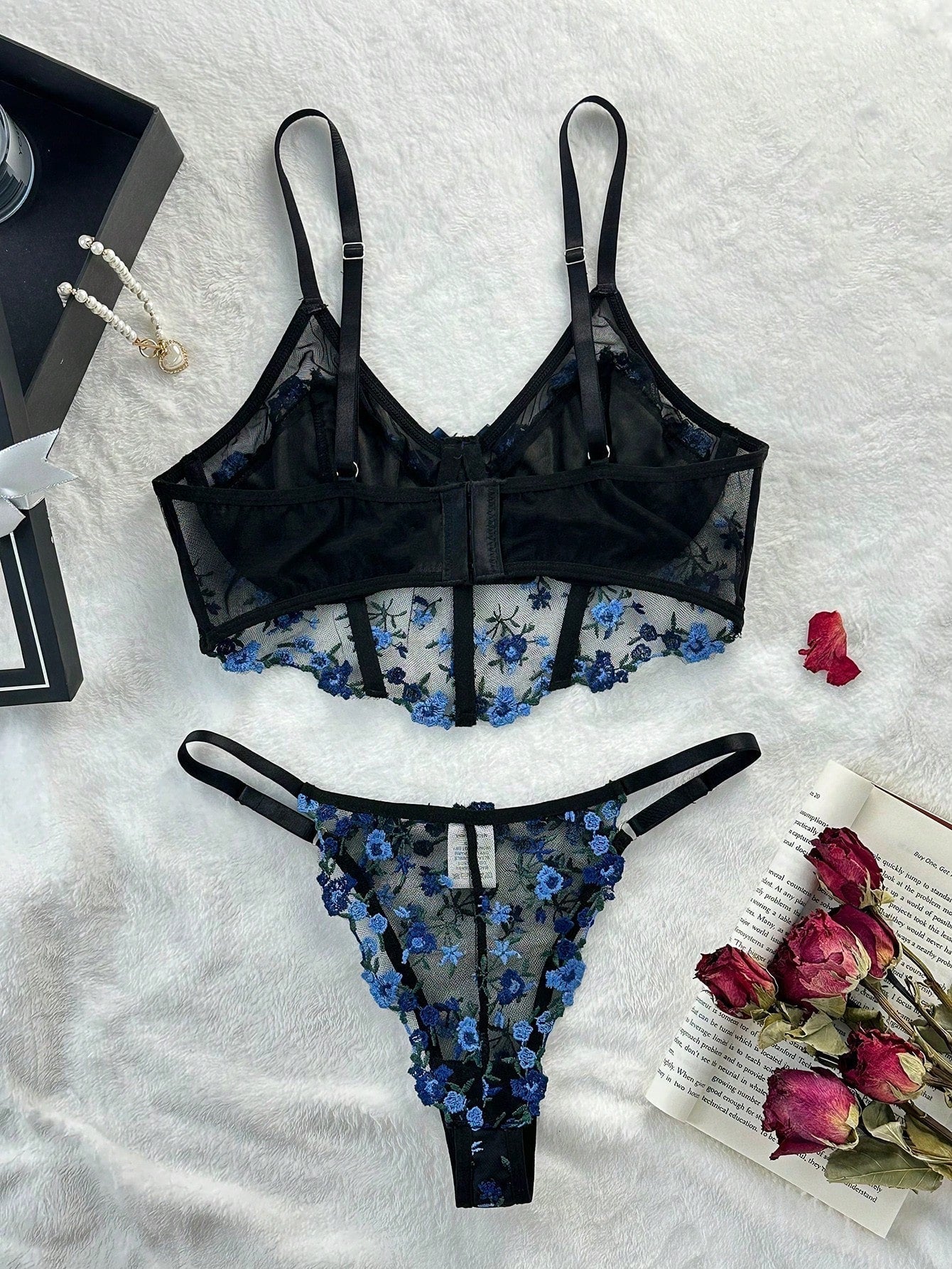 Buy SHEIN Floral Embroidery Mesh Underwire Lingerie Set in Pakistan