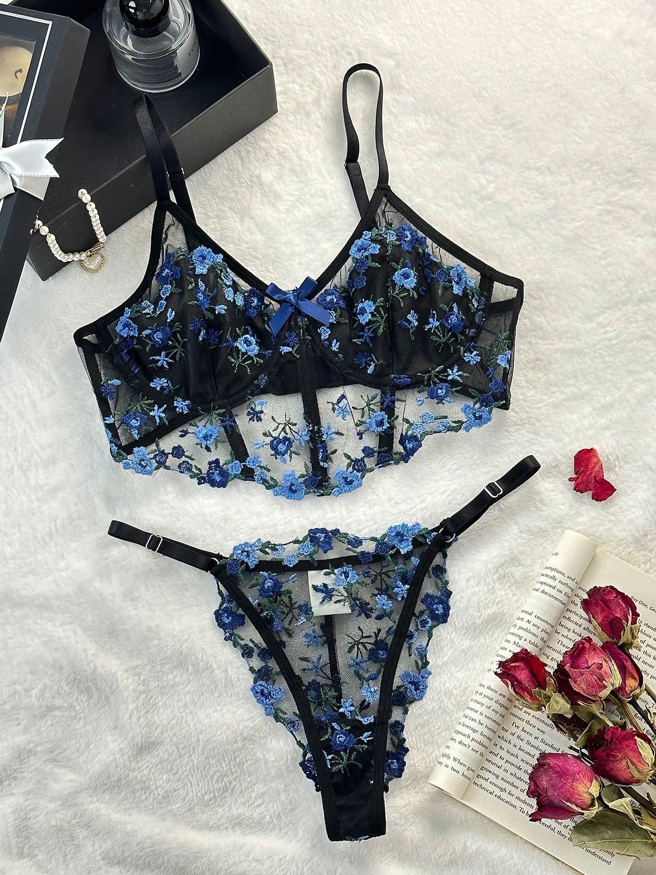 Buy SHEIN Floral Embroidery Mesh Underwire Lingerie Set in Pakistan