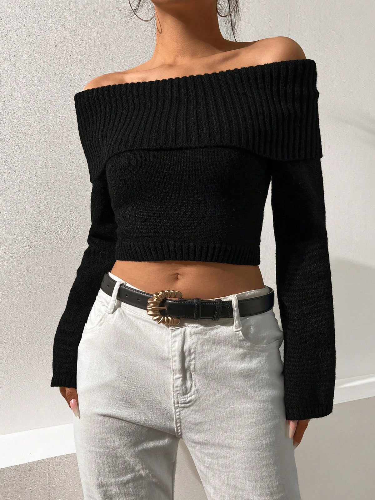 Buy SHEIN Foldover Off Shoulder Crop Sweater in Pakistan