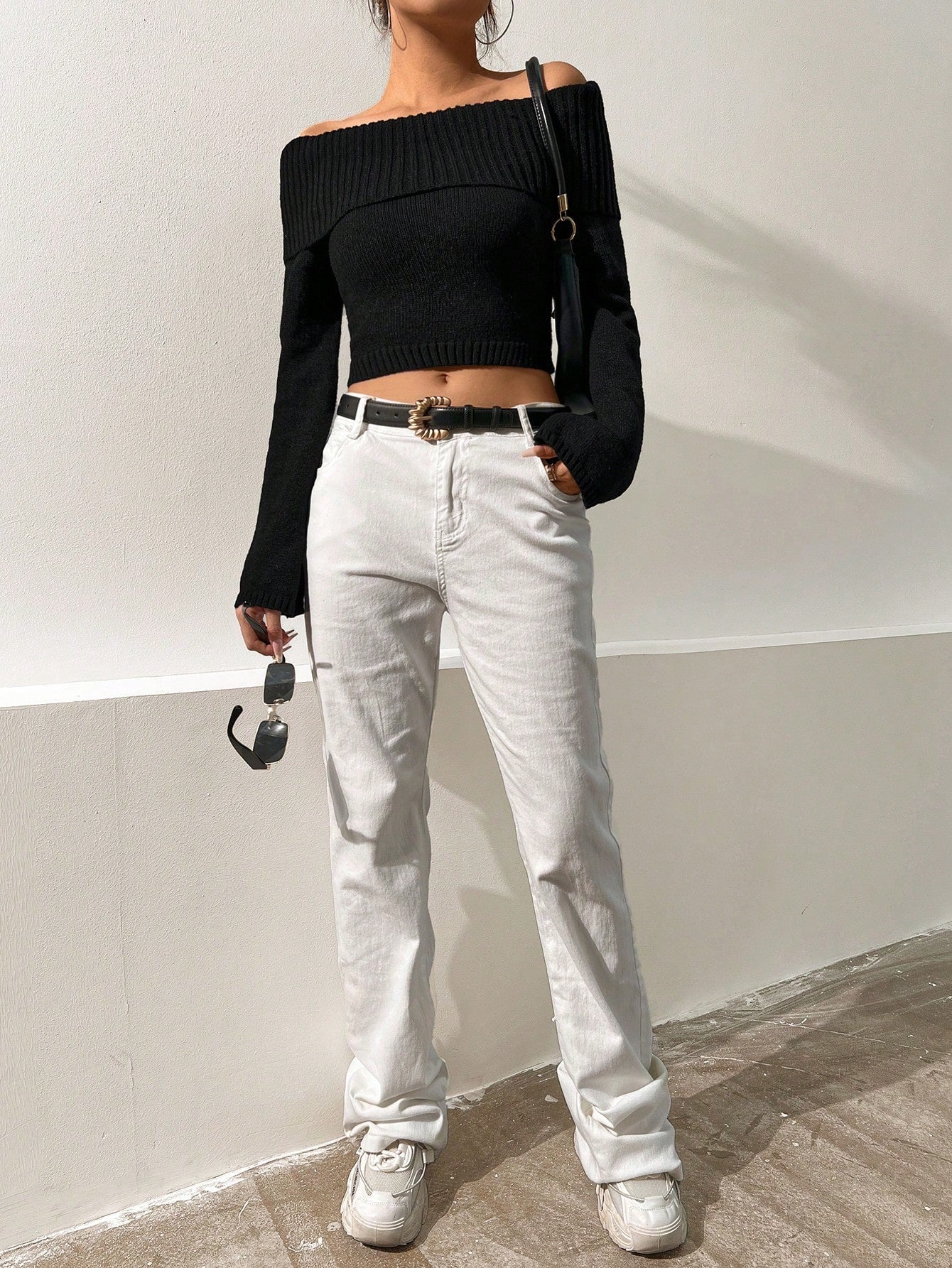 Buy SHEIN Foldover Off Shoulder Crop Sweater in Pakistan