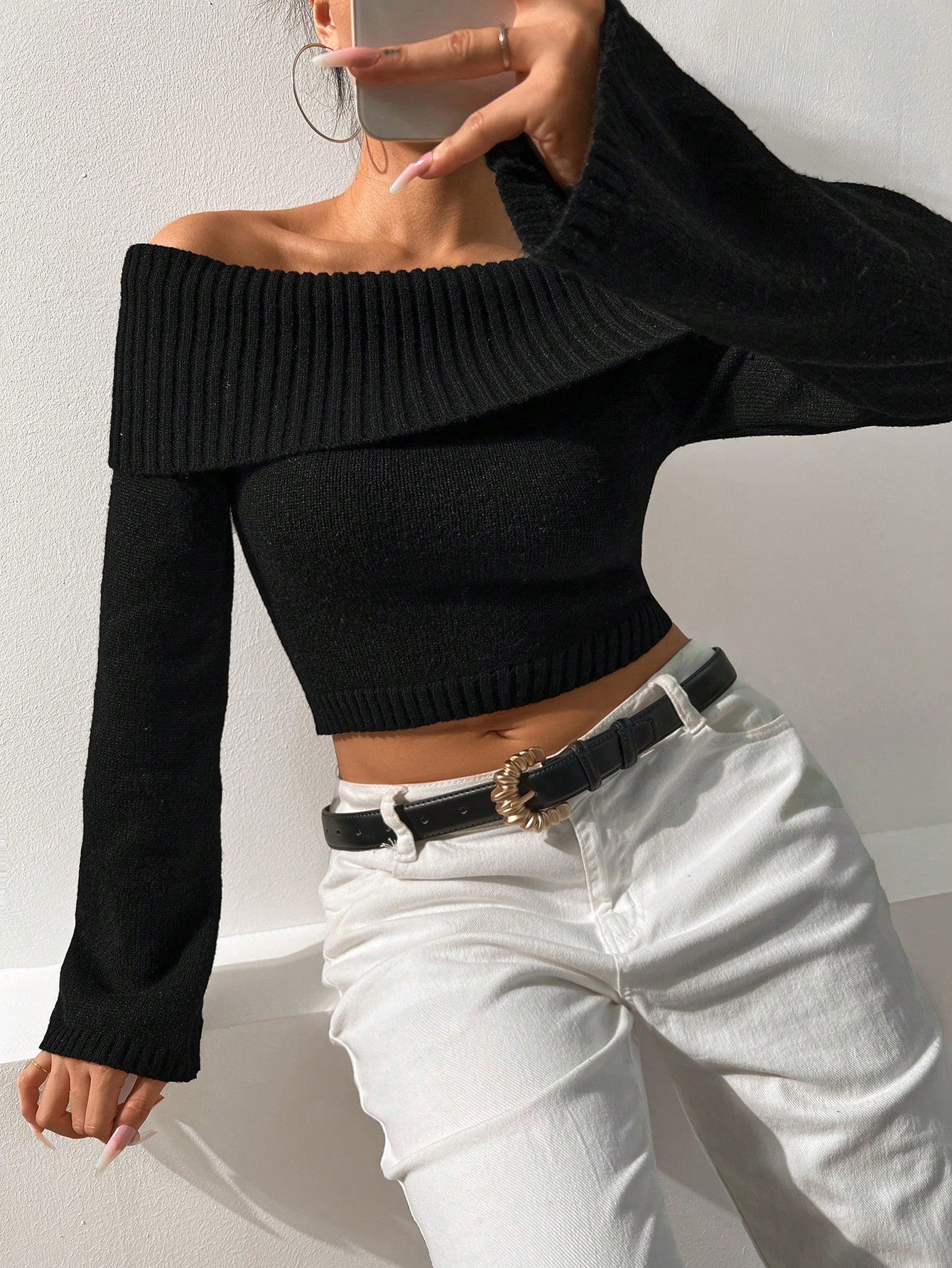 Buy SHEIN Foldover Off Shoulder Crop Sweater in Pakistan