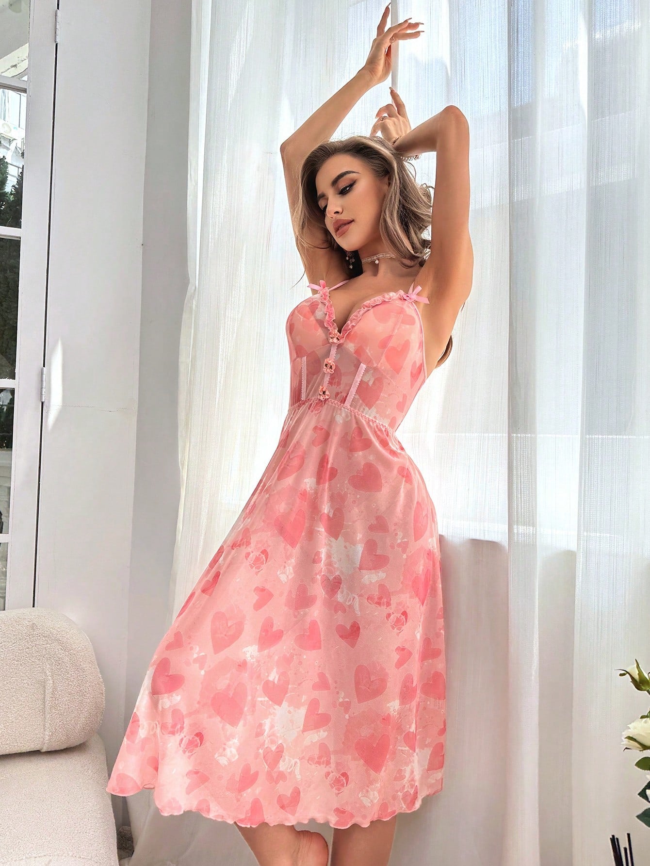 Buy SHEIN Heart Print Frill Trim Mesh Cami Nightdress in Pakistan