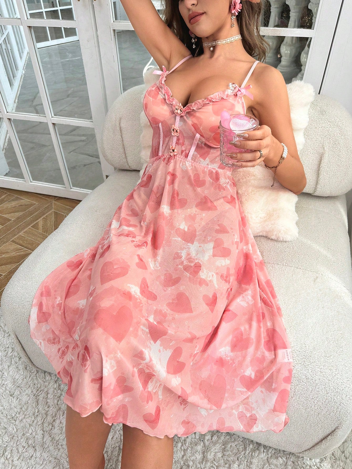 Buy SHEIN Heart Print Frill Trim Mesh Cami Nightdress in Pakistan