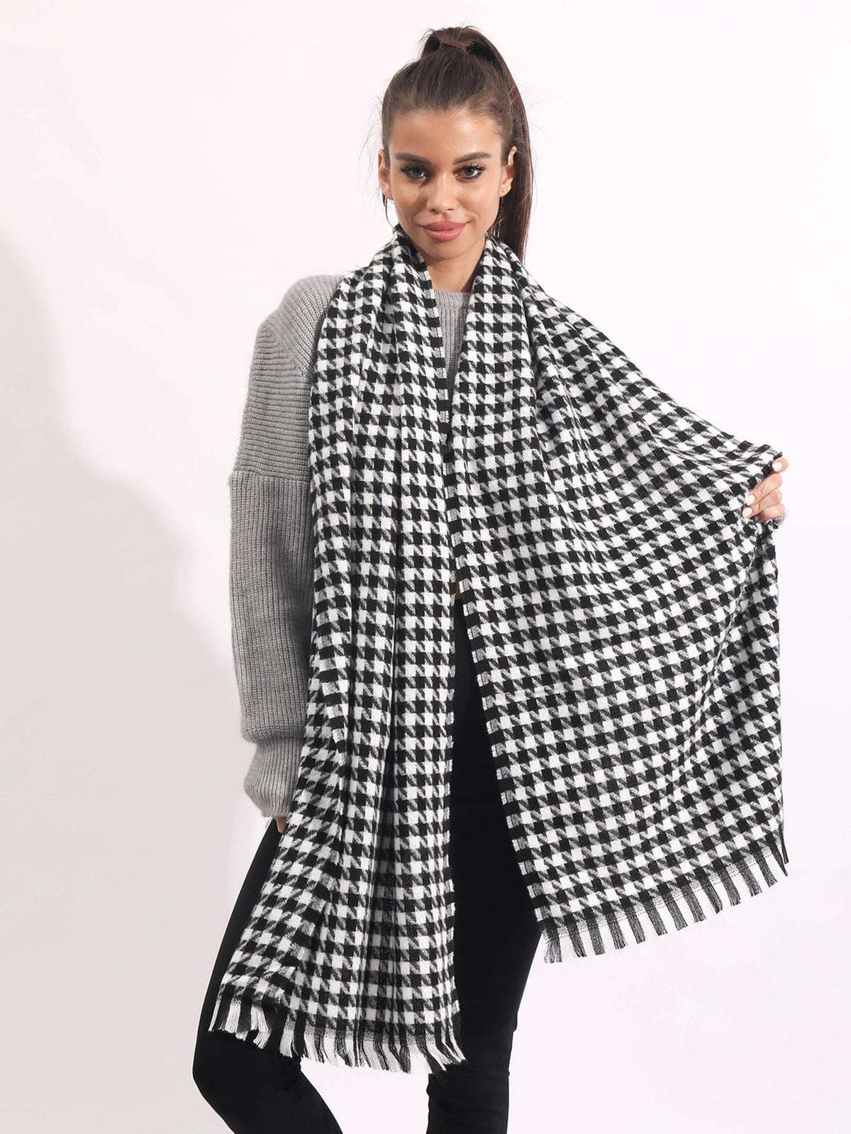 Buy SHEIN Houndstooth Pattern Raw Trim Scarf in Pakistan