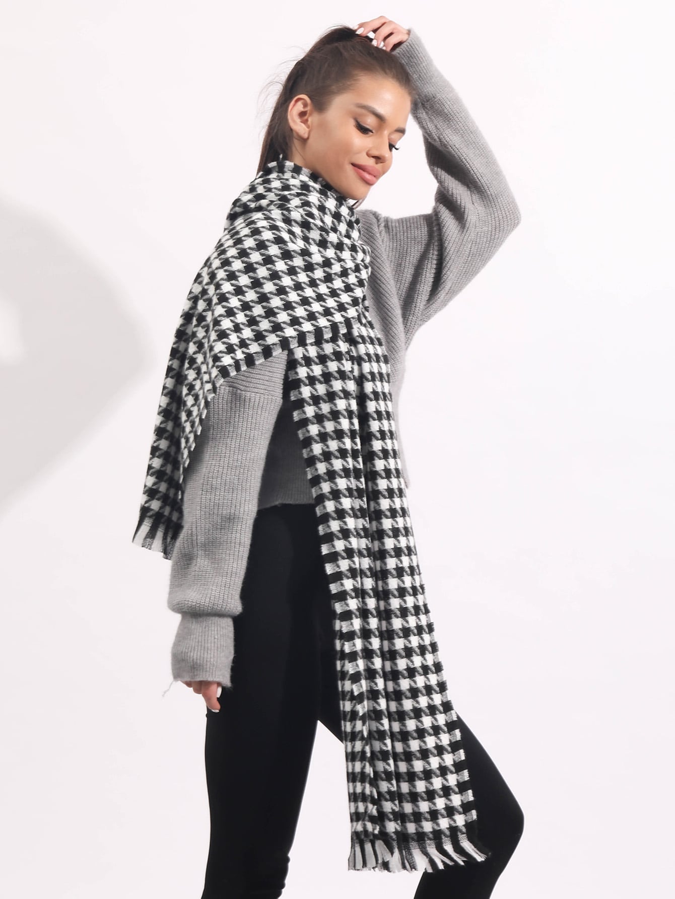 Buy SHEIN Houndstooth Pattern Raw Trim Scarf in Pakistan