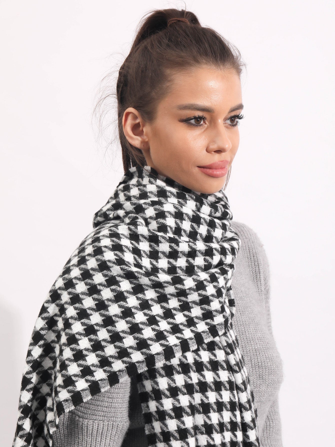 Buy SHEIN Houndstooth Pattern Raw Trim Scarf in Pakistan