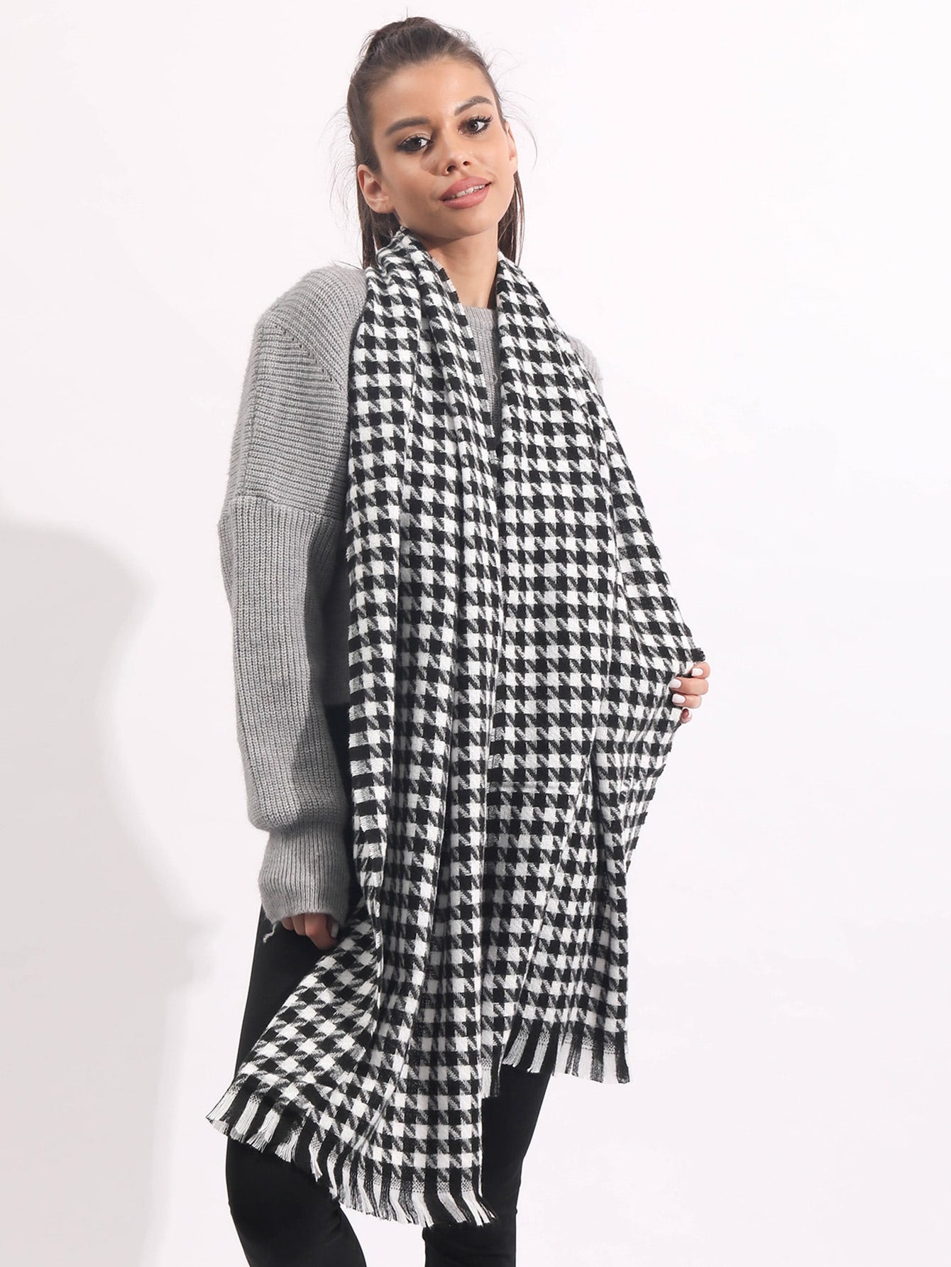 Buy SHEIN Houndstooth Pattern Raw Trim Scarf in Pakistan
