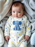 Buy SHEIN Infant & Toddler Boys' White Base Cute Blue Elephant Print Long Sleeve Footed Jumpsuit, Loungewear in Pakistan