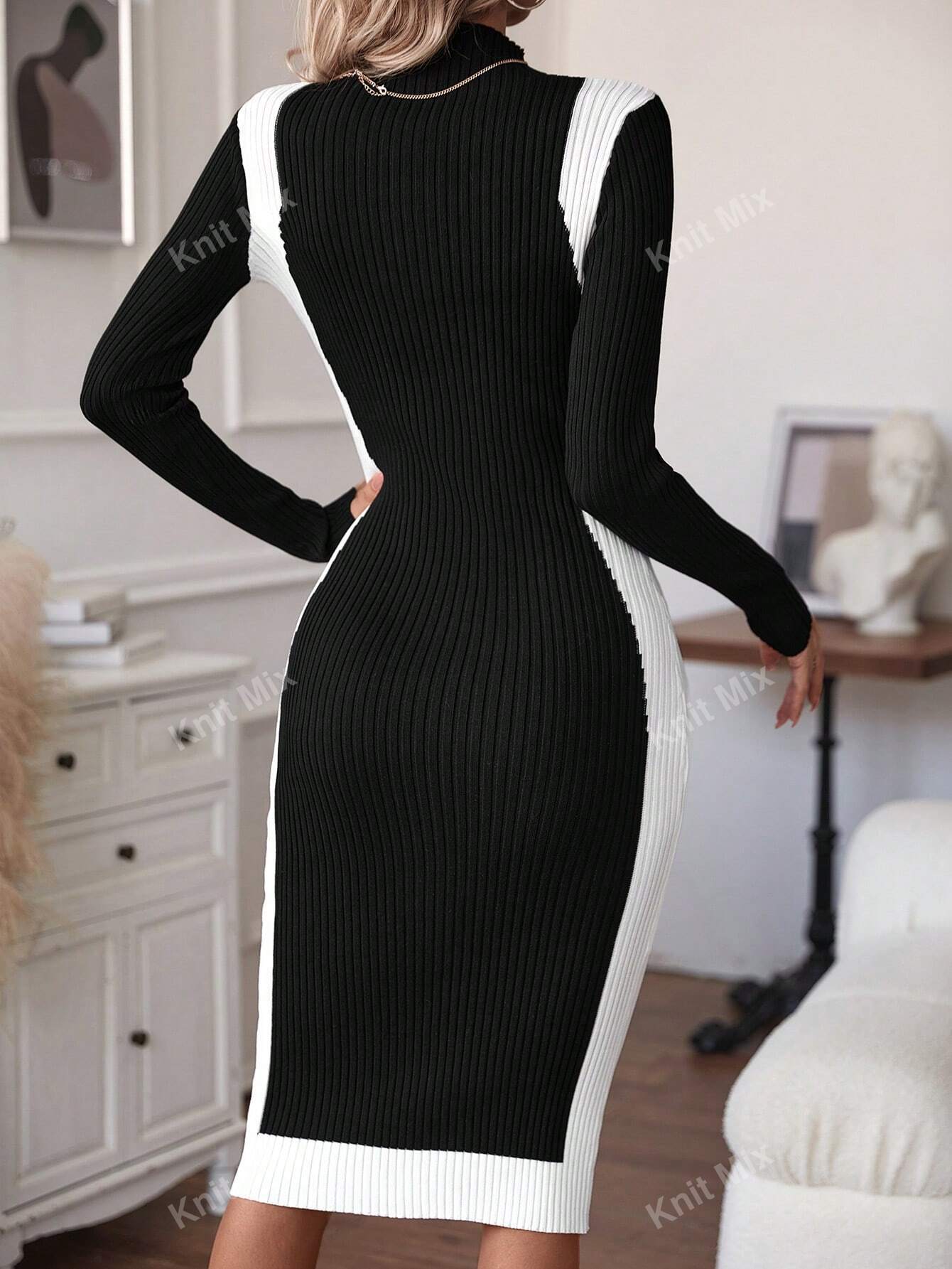 Buy SHEIN Knit Mix Knitted Elegant Commuter Midi Dress For Women,Floral Pattern Half High Neck Long Sleeve Contrast Color Fitted Sweater Dress (Floral Random) in Pakistan