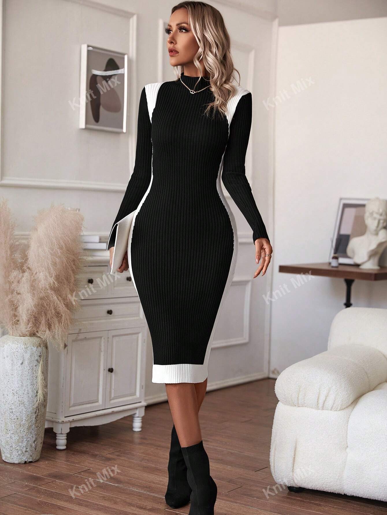 Buy SHEIN Knit Mix Knitted Elegant Commuter Midi Dress For Women,Floral Pattern Half High Neck Long Sleeve Contrast Color Fitted Sweater Dress (Floral Random) in Pakistan