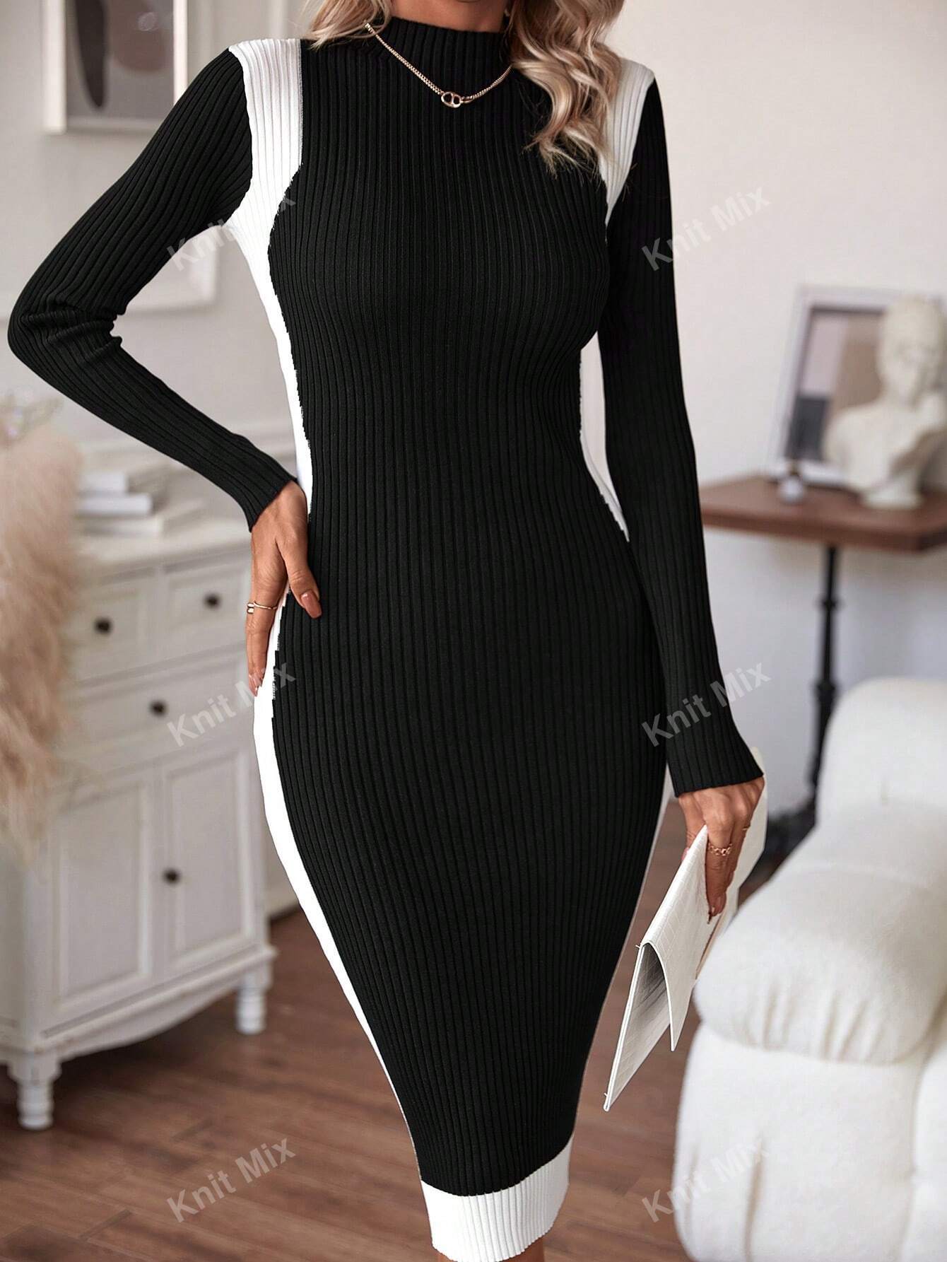 Buy SHEIN Knit Mix Knitted Elegant Commuter Midi Dress For Women,Floral Pattern Half High Neck Long Sleeve Contrast Color Fitted Sweater Dress (Floral Random) in Pakistan
