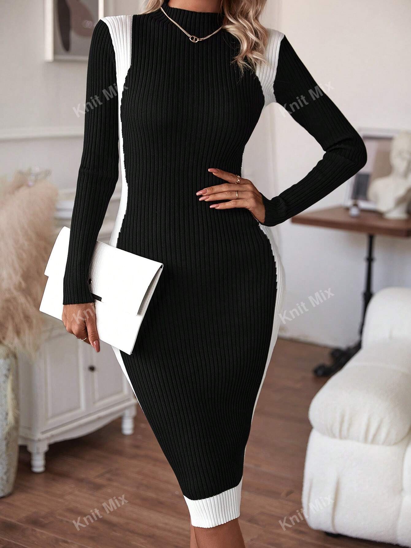 Buy SHEIN Knit Mix Knitted Elegant Commuter Midi Dress For Women,Floral Pattern Half High Neck Long Sleeve Contrast Color Fitted Sweater Dress (Floral Random) in Pakistan