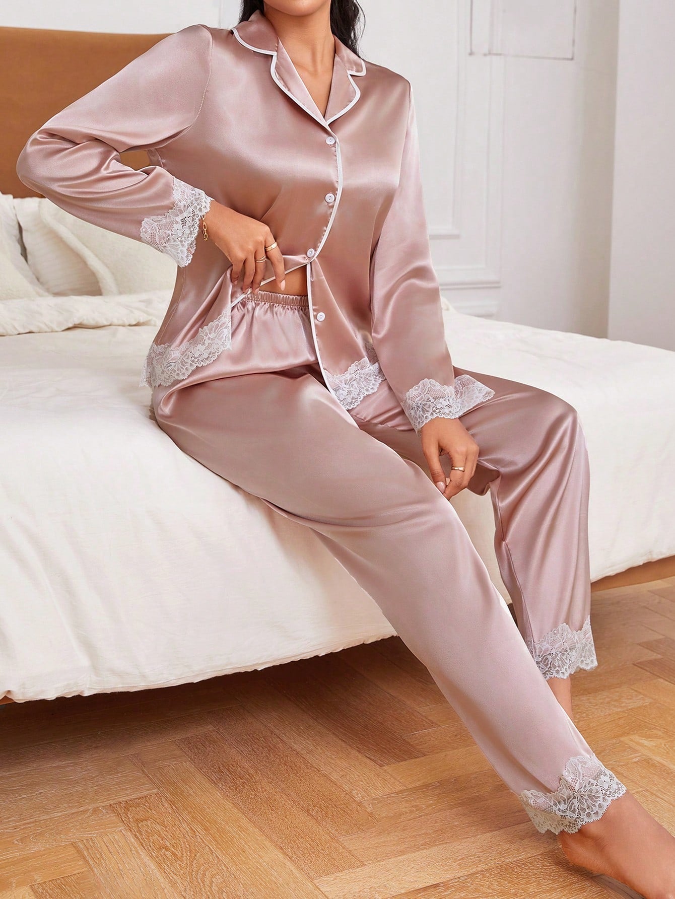 Buy SHEIN Ladies' Lace Trimmed Satin Pajama Set in Pakistan