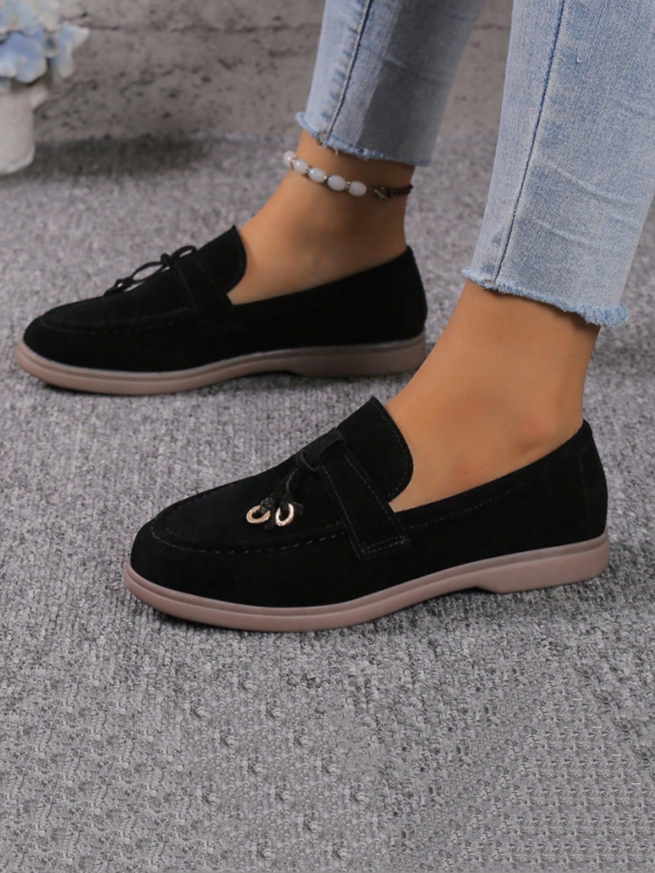 Buy SHEIN Ladies' Metal Ring Decorated Low-heeled Loafers Black in Pakistan