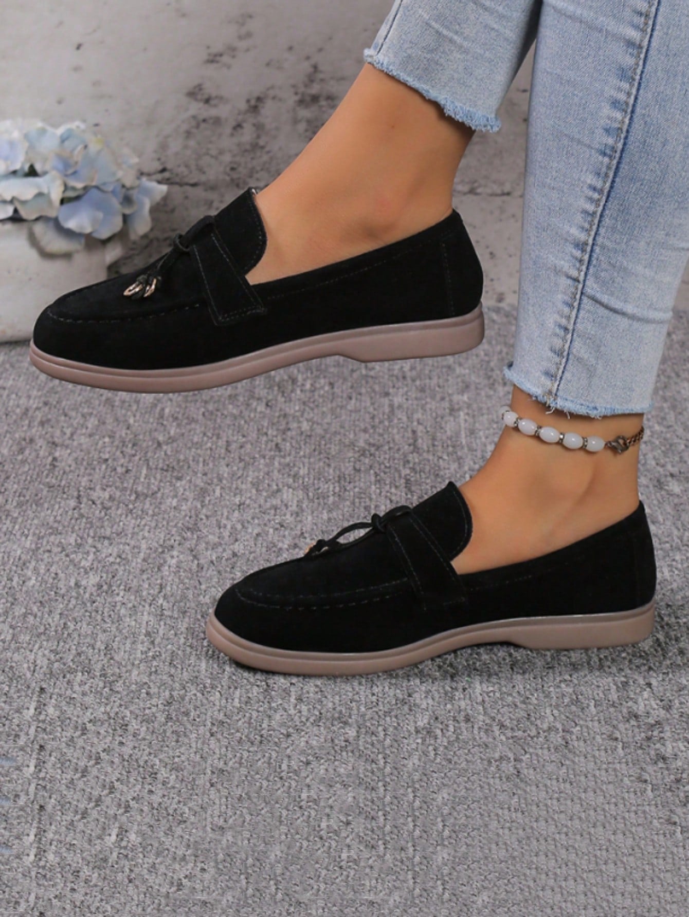 Buy SHEIN Ladies' Metal Ring Decorated Low-heeled Loafers Black in Pakistan