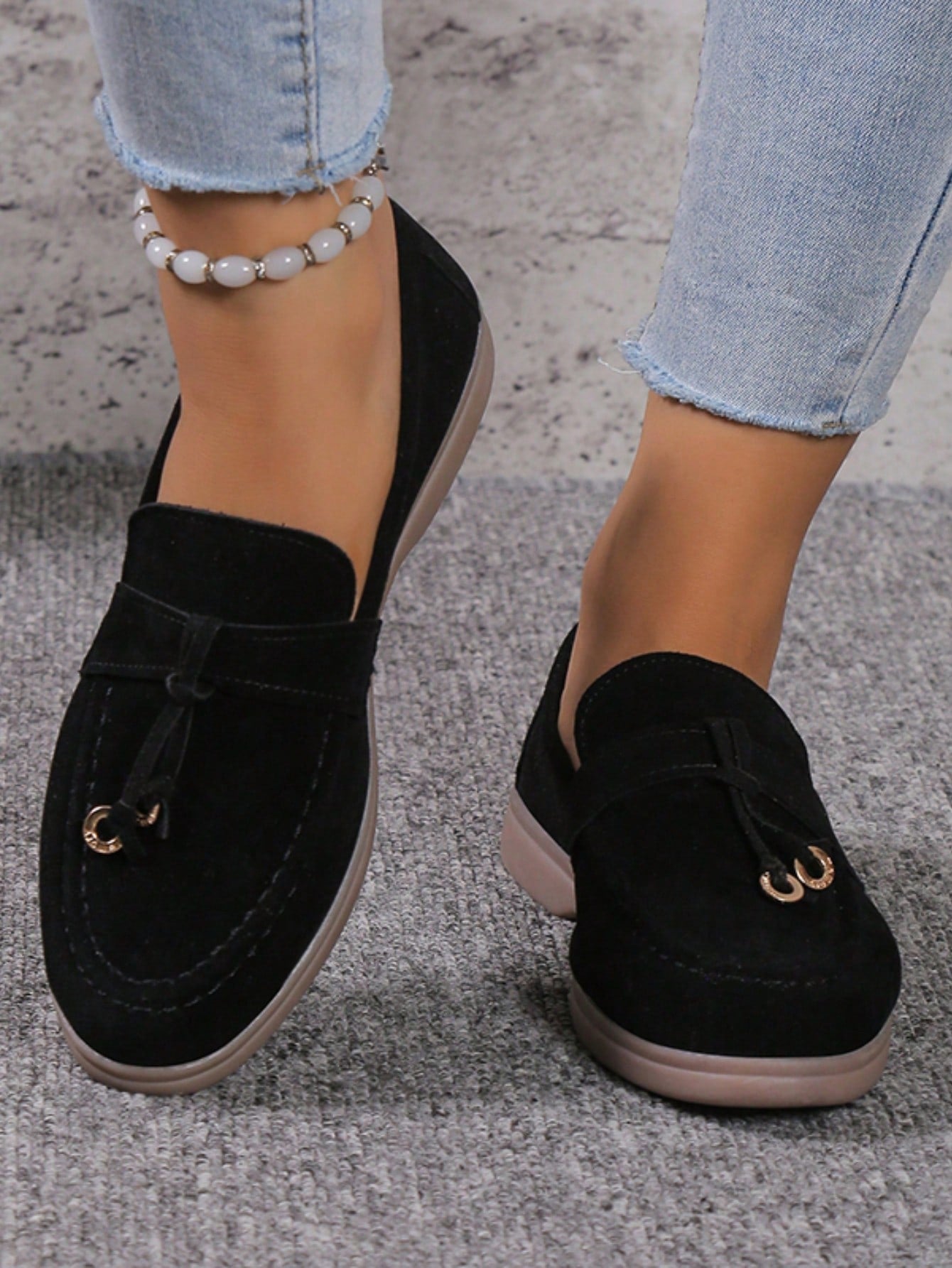 Buy SHEIN Ladies' Metal Ring Decorated Low-heeled Loafers Black in Pakistan