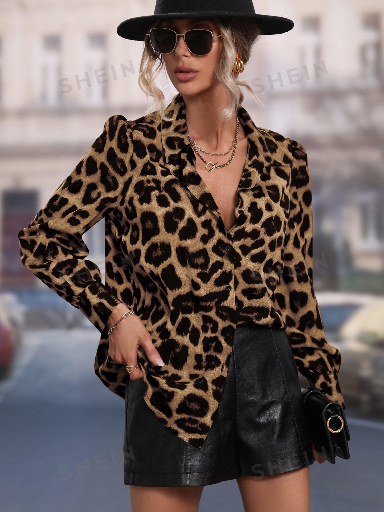 Buy SHEIN Leopard Print Puff Sleeve Shirt in Pakistan