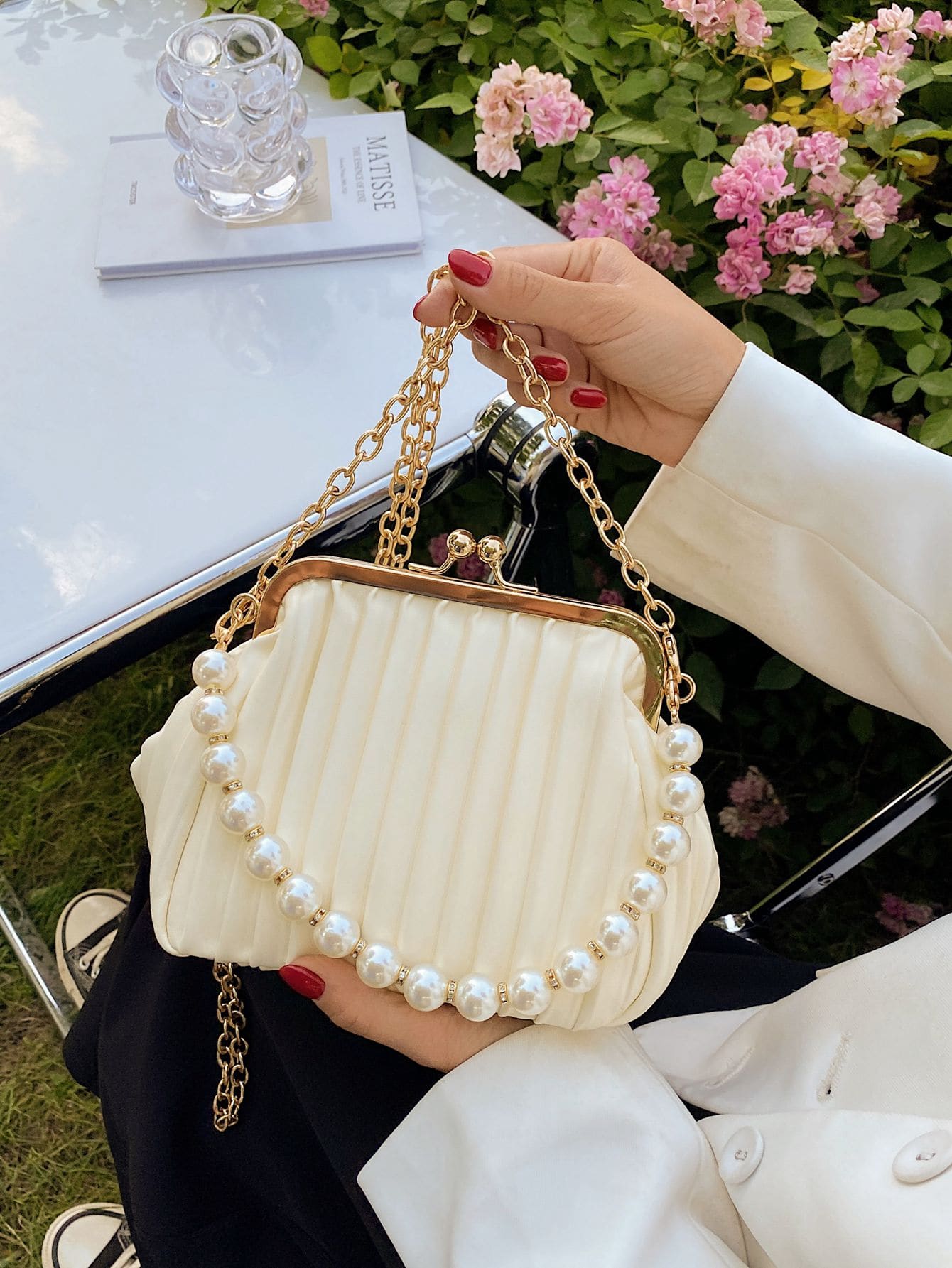 Buy SHEIN Lightweight Business Casual Argyle Princess Faux Pearl Decor Kiss Lock Satchel Bag in Pakistan