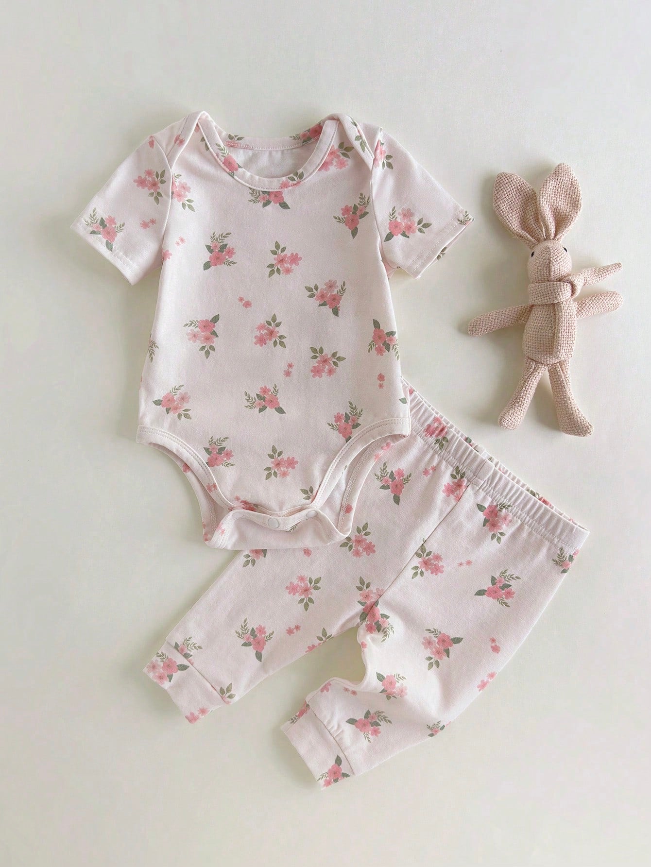 Buy SHEIN Loomiva Newborn Baby Floral Print Soft Knitted Crew Neck Short Sleeve Romper With Elastic Waist Pants 2Pcs Set in Pakistan