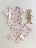 Buy SHEIN Loomiva Newborn Baby Floral Print Soft Knitted Crew Neck Short Sleeve Romper With Elastic Waist Pants 2Pcs Set in Pakistan