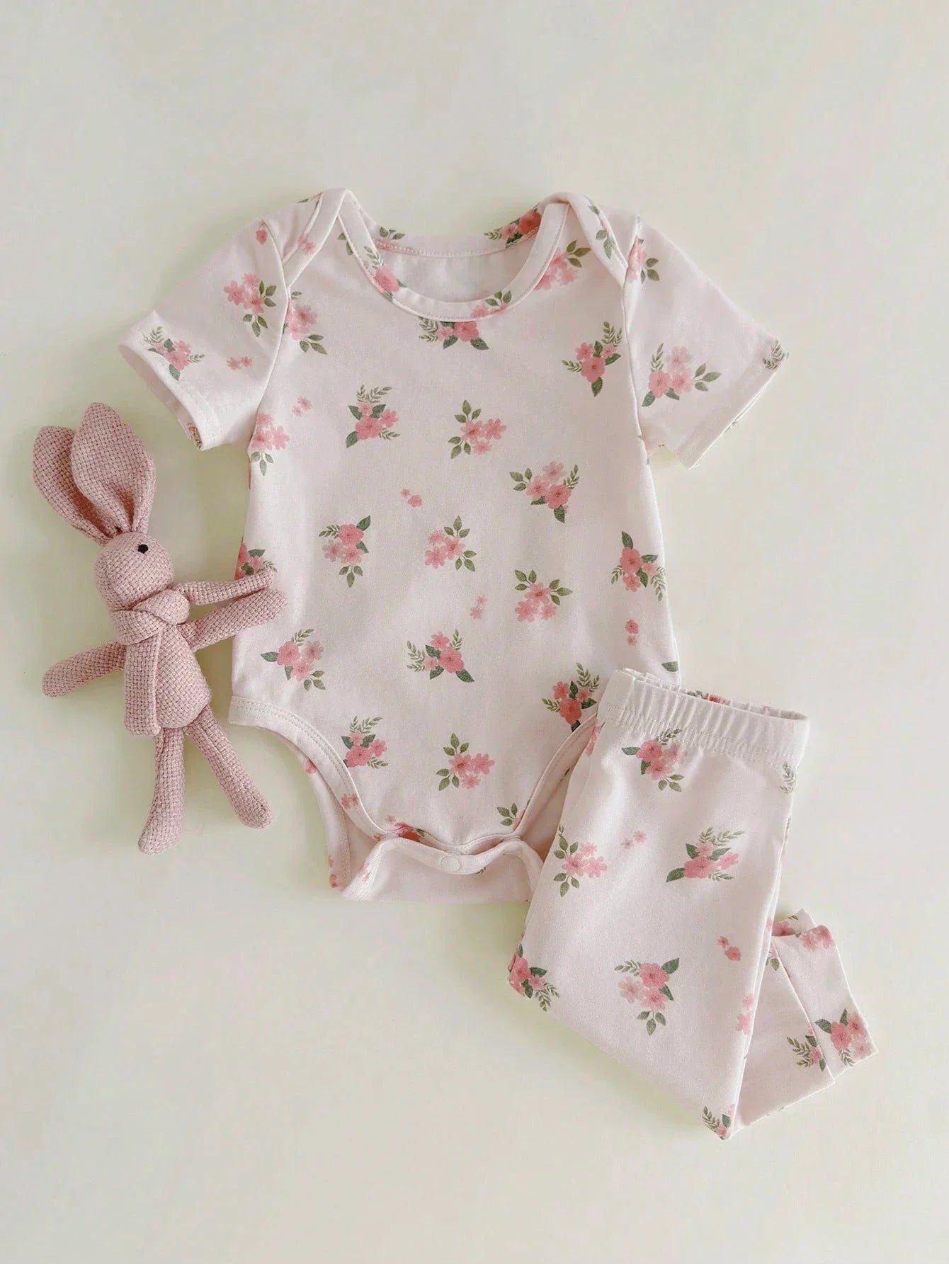 Buy SHEIN Loomiva Newborn Baby Floral Print Soft Knitted Crew Neck Short Sleeve Romper With Elastic Waist Pants 2Pcs Set in Pakistan