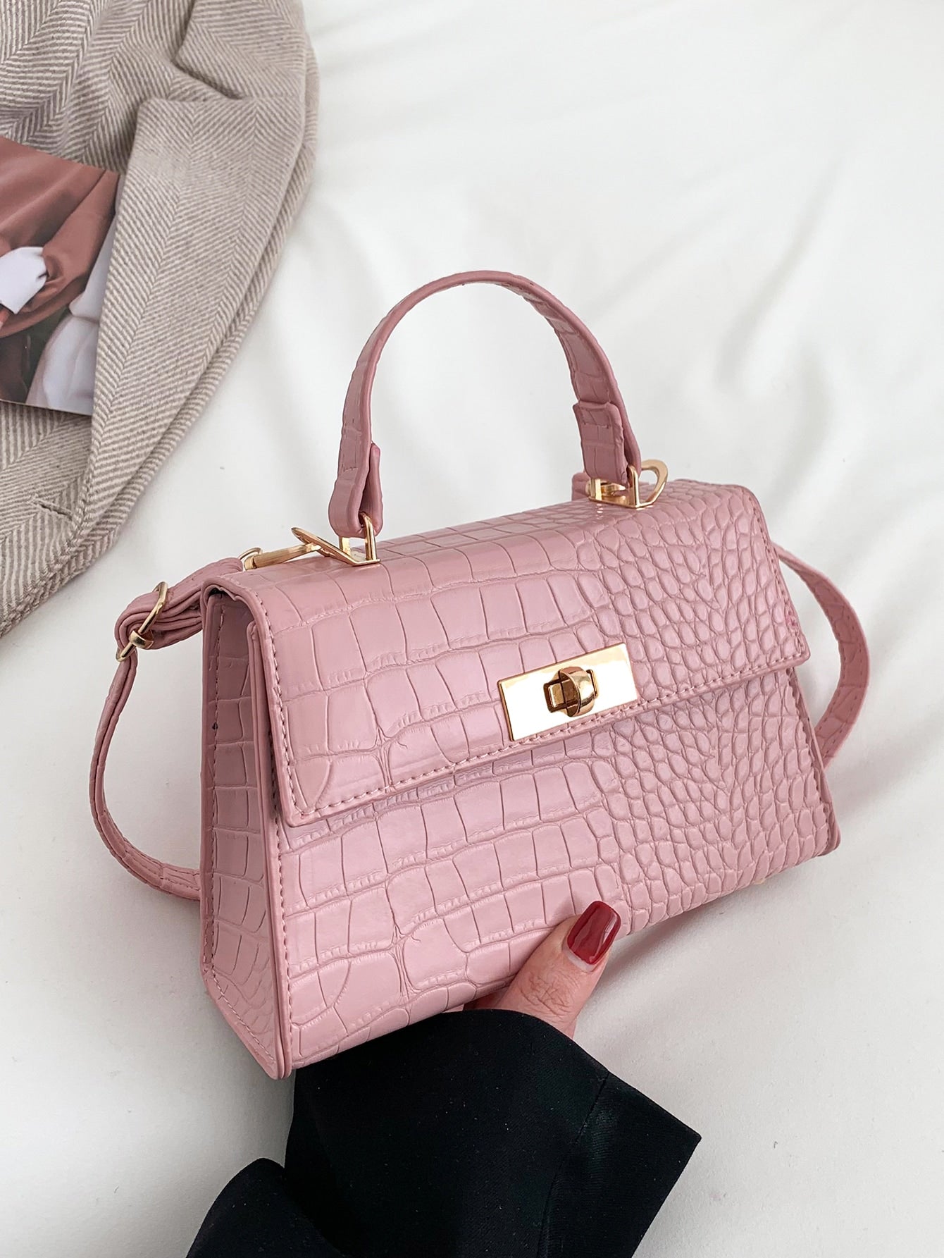 Buy SHEIN Mini Crocodile Embossed Twist Lock Flap Square Bag in Pakistan