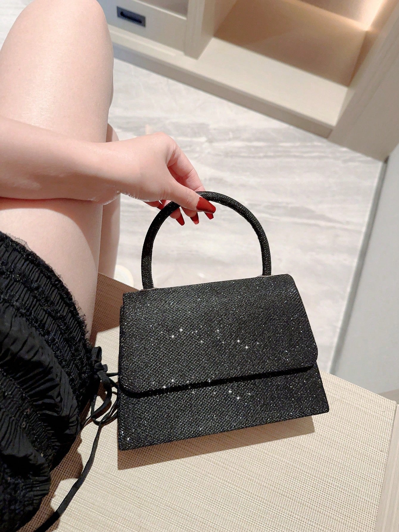 Buy SHEIN Mini Flap Square Bag Glitter Black Minimalist in Pakistan