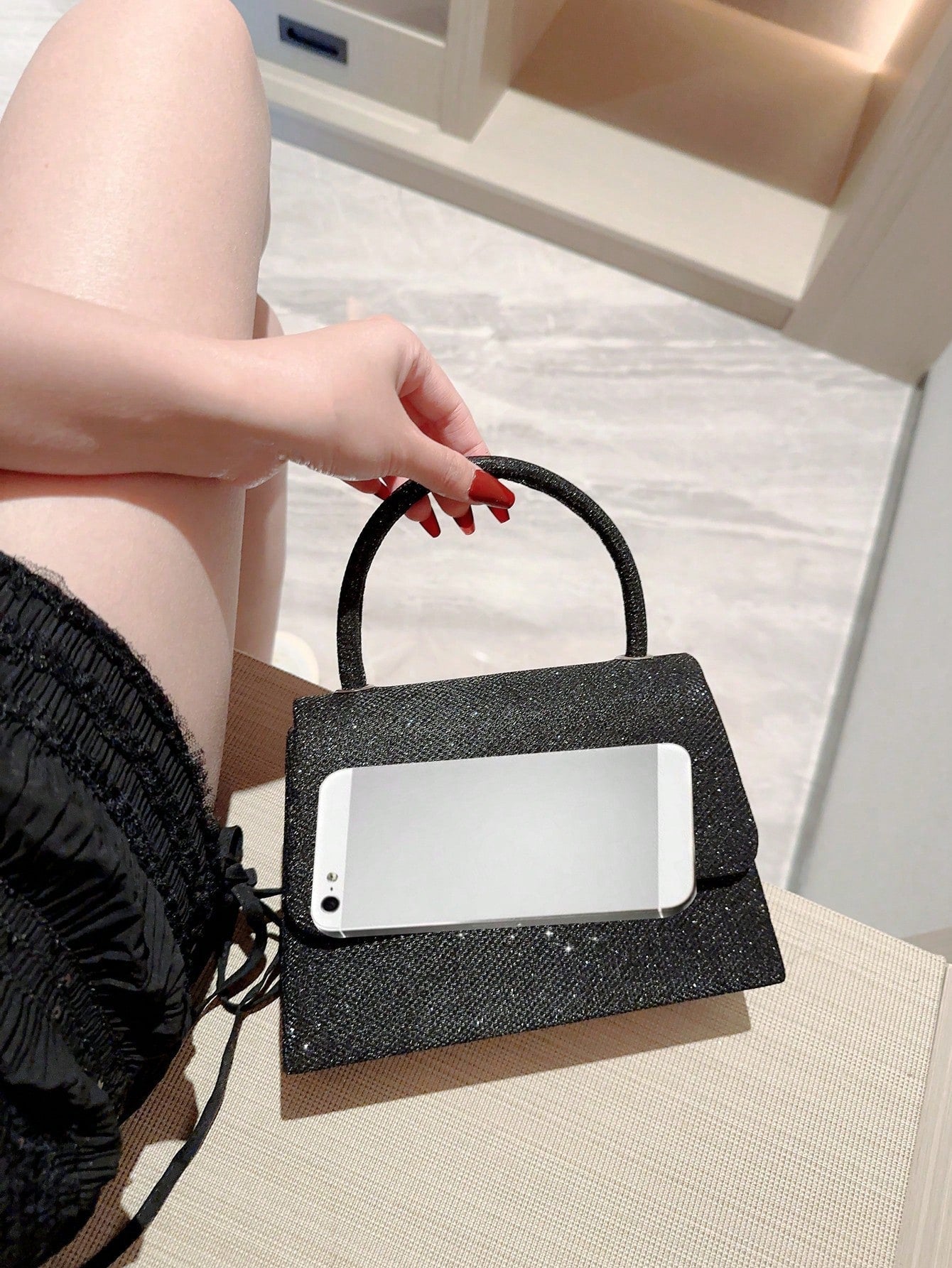 Buy SHEIN Mini Flap Square Bag Glitter Black Minimalist in Pakistan