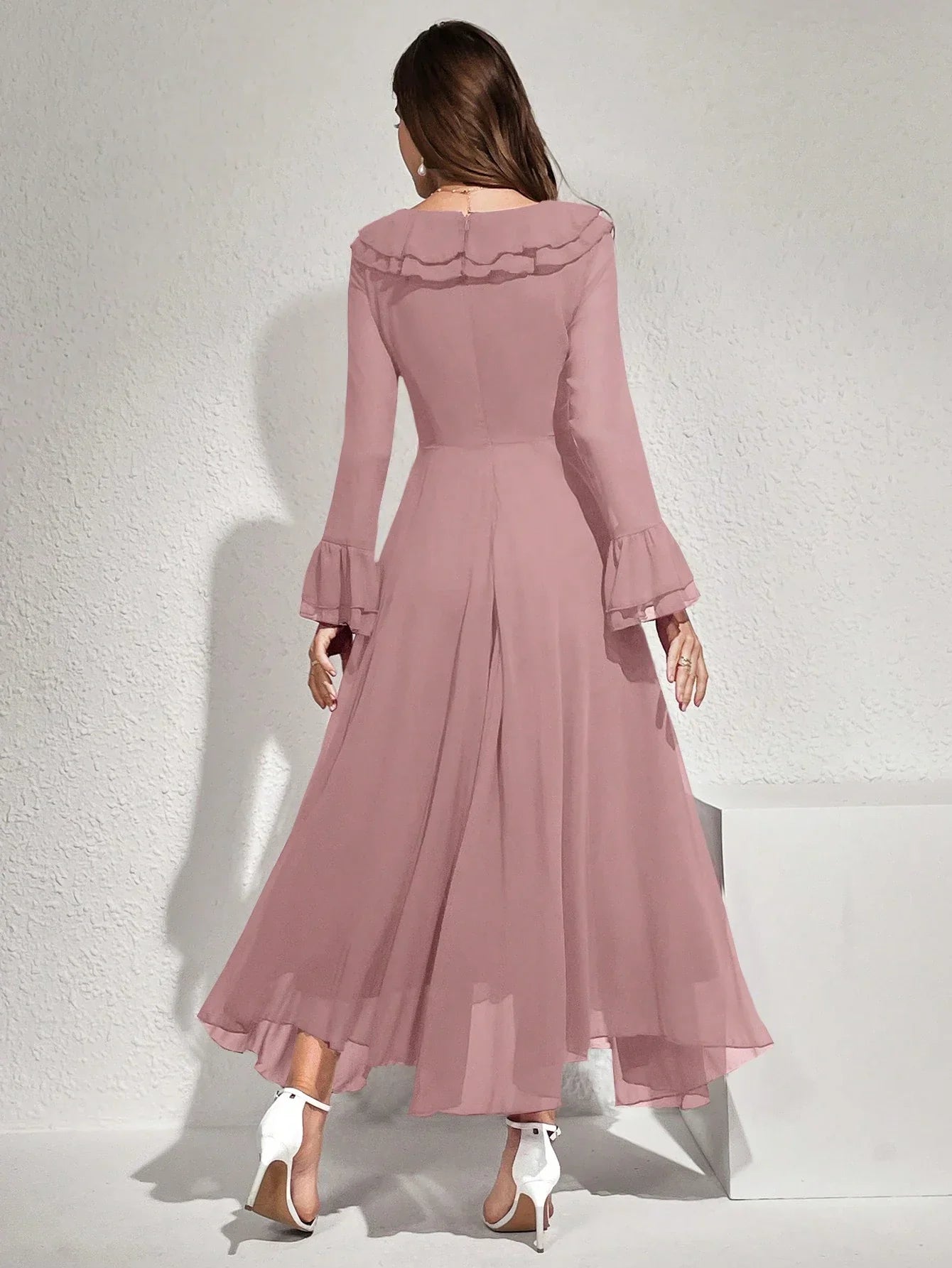 Buy SHEIN Modelyn Women's Solid Color Ruffled Flare Sleeve Maxi Elegant Dress Long Evening Dresses in Pakistan