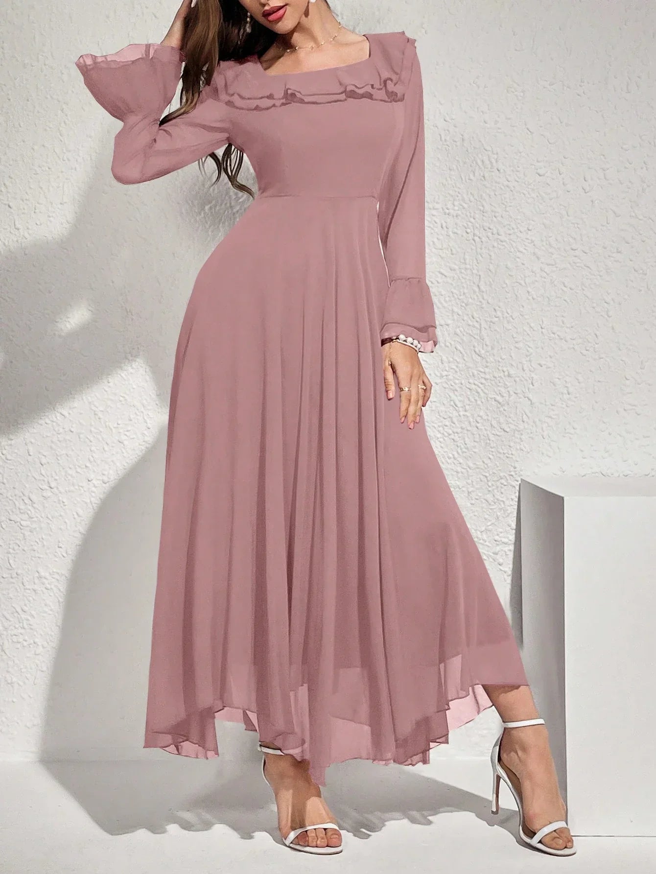 Buy SHEIN Modelyn Women's Solid Color Ruffled Flare Sleeve Maxi Elegant Dress Long Evening Dresses in Pakistan