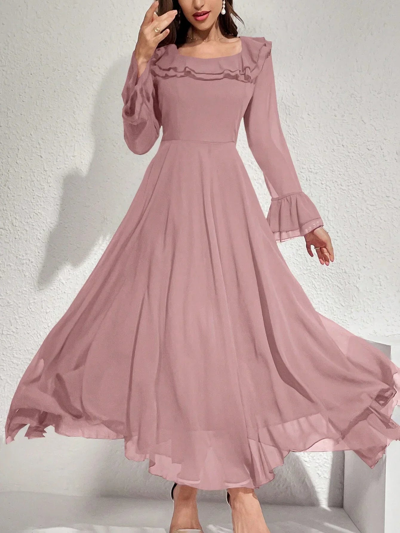 Buy SHEIN Modelyn Women's Solid Color Ruffled Flare Sleeve Maxi Elegant Dress Long Evening Dresses in Pakistan